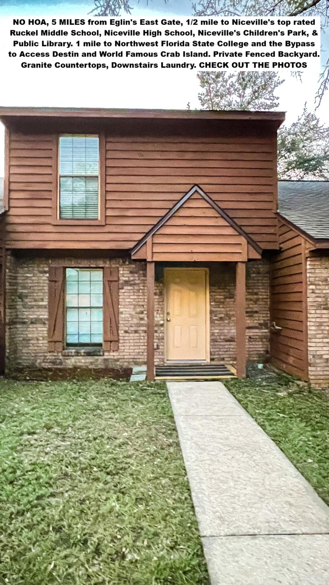 NO HOA, 5 MILES from Eglin's East Gate, 1/2 mile to Niceville's top rated Ruckel Middle School, Niceville High school, Niceville's Children's Park, & Public Library. 1 mile to Northwest Florida State College and the Bypass to Access Destin, Fort Walton Beach, Hwy 85 North (to Crestview) and South (to Fort Walton) without going through Niceville. Kitchen with Granite Counter-Tops & Generous number of Cabinets, Dishwasher, Microwave, Stove, Refrigerator & Washer/Dryer hookup PLUS a PRIVATE Backyard, Large Patio and Outside Storage Room. 2021 Roof & 2019 Central A/C & Heating System. 2 car parking area. Other Helpful Facts: Niceville & Bluewater area listing Information at the time of this listing for townhomes and condominiums. The least expensive unit with No HOA list price $345,000. Units in Niceville with list prices under $200,000 all have HOA Fees between $228 up to $419.81 per Month. 319 Cedar Ave does not have an HOA and has Zero Assessment Fees Priced Under $200,000. Buyer to Verify Measurements. Being Sold As-Is, the sellers have never occupied the property. CHECK OUT ALL THE PHOTOS.