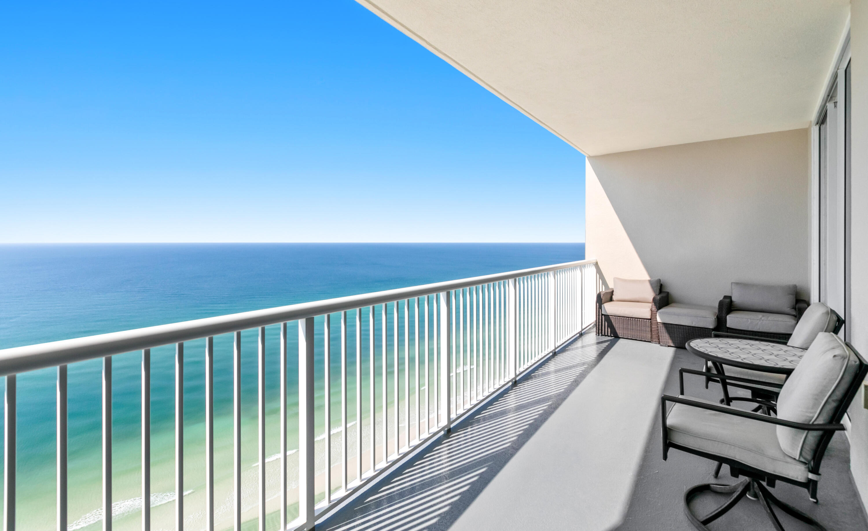 Welcome to your luxurious beachfront retreat at Palazzo Condominiums in Panama City Beach. This stunning 3-bedroom, 3-bath residence showcases breathtaking Gulf views through dramatic floor-to-ceiling glass windows and sliders that flood the space with natural light. Beautifully updated with upscale furnishings, modern lighting, and newer appliances, the unit offers a seamless blend of elegance and comfort while feeling virtually brand new, as it has never been rented by the current owner. The spacious beachfront primary suite is designed as a private sanctuary, featuring panoramic Gulf views, a serene atmosphere, a large walk-in closet, and a luxurious en-suite bath. Elegant oversized porcelain tile with a marble-inspired look flows throughout all bedrooms, enhancing the refined coastal aesthetic. The open-concept layout is ideal for entertaining, while the 75-inch flat-screen TV creates the perfect space to unwind after a day on the sugar-white sands. Offered fully furnished and turn-key, every detail has been thoughtfully curated to exude luxury and effortless coastal living. Pride of ownership is immediately evident, with the residence having been impeccably maintained and rarely used.
Residents of Palazzo Condominiums enjoy upscale amenities including an elegant lobby, owner's lounge, elevated Gulf-front pool & hot tub, Gulf view fitness center, and three elevators. With only 129 units, Palazzo offers a more peaceful, low-density beachfront experience. Conveniently located near Pier Park, an array of restaurants and entertainment options are just moments away, including the newly opened McGuire's Irish Pub directly across the street. Northwest Florida Beaches International Airport is also approximately 15 minutes away, making travel to and from your beachfront getaway exceptionally convenient. Don't miss the opportunity to experience Gulf-front living at its finest.