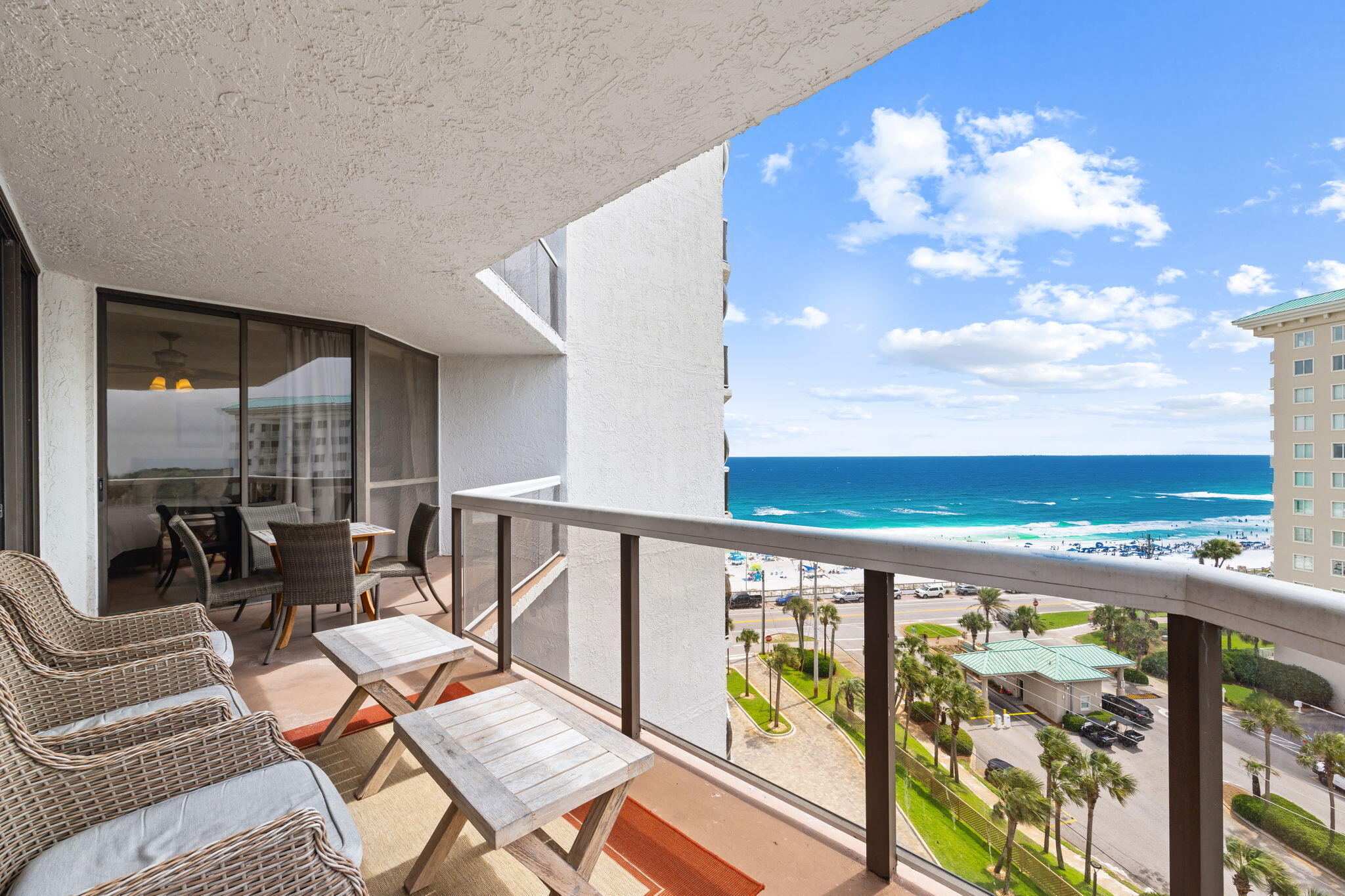 Welcome to Seventh Heaven, an exceptional 7th-floor beachside retreat at Surfside Resort in the heart of Miramar Beach. Perfectly positioned to capture breathtaking views of the emerald-green Gulf waters and sugar-white sand beaches, this beautifully appointed condominium offers the ultimate blend of relaxation, luxury, and investment potential. Step inside and discover a spacious open-concept floor plan designed for coastal living, featuring expansive windows, abundant natural light, and a private balcony where sunrise coffee and sunset cocktails become part of your daily routine. The split-bedroom layout provides comfort and privacy for owners and guests alike, making this an ideal primary residence, second home, or vacation rental. Surfside Resort is one of Miramar Beach's most sought-after destinations, connected to the beach by a private skybridge and offering an impressive array of resort-style amenities including a large pool, hot tubs, tennis and pickleball courts, fitness center, sauna, on-site spa, salon, and the popular Royal Palm Grille restaurant and beach bar. Residents and guests enjoy easy access to shopping, dining, golf, and entertainment at nearby Silver Sands Premium Outlets, Grand Boulevard, and all that the Emerald Coast has to offer. Surfside Resort features a private beach-access skybridge along with numerous resort amenities.