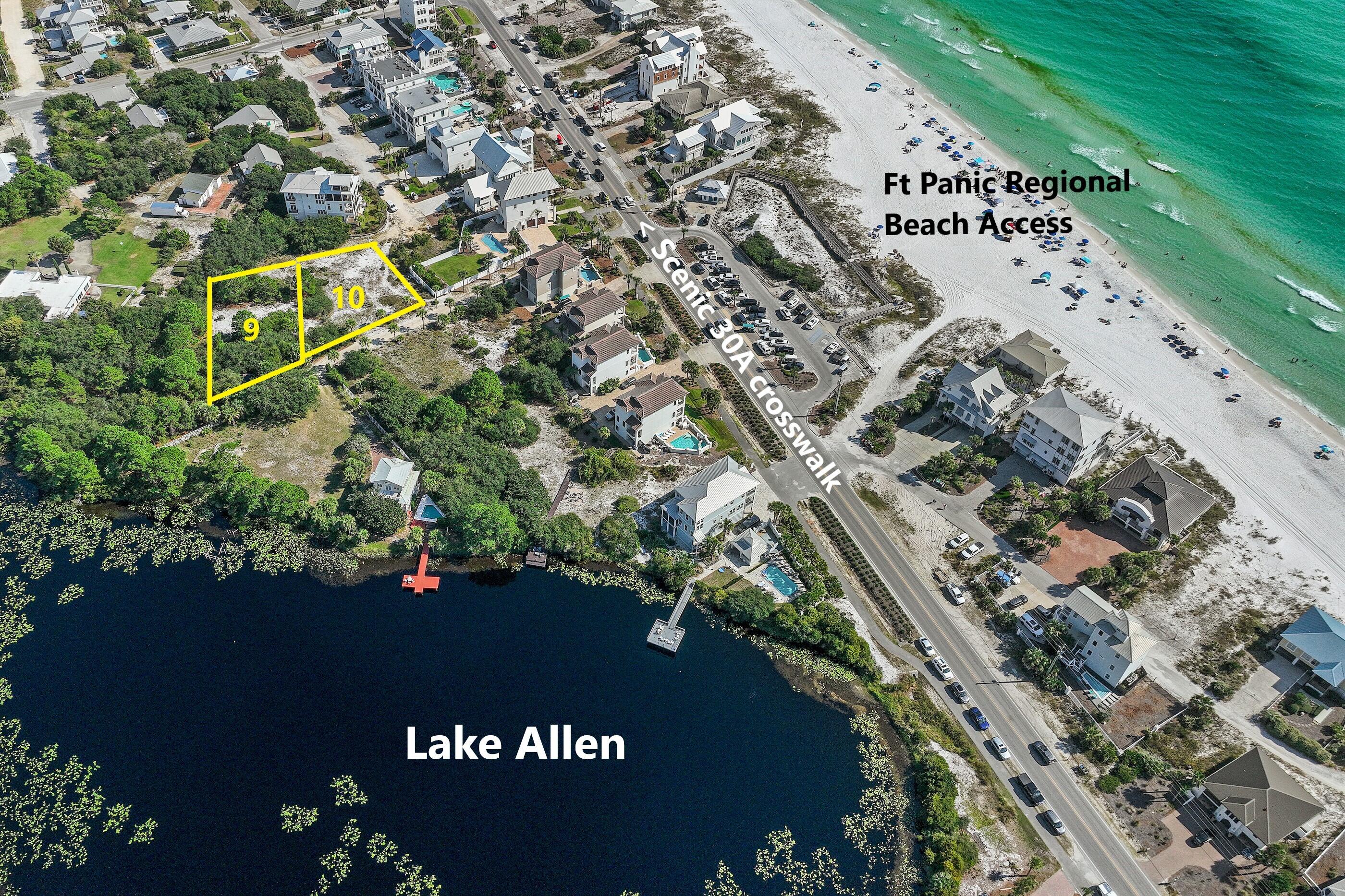 (2) Prime Gulf/Lake view, high & dry-Flood Zone 'X'- adjacent parcels totaling .62 acres in coveted Dune Allen Beach. Private location with discreet access from rear of lots only 80 yards to Ft Panic Regional Beach Access/County Park.  Flood Zone 'X', No HOA! Premiere, adjoining (2) Lake Allen lots 29.1 & 29 also for sale.