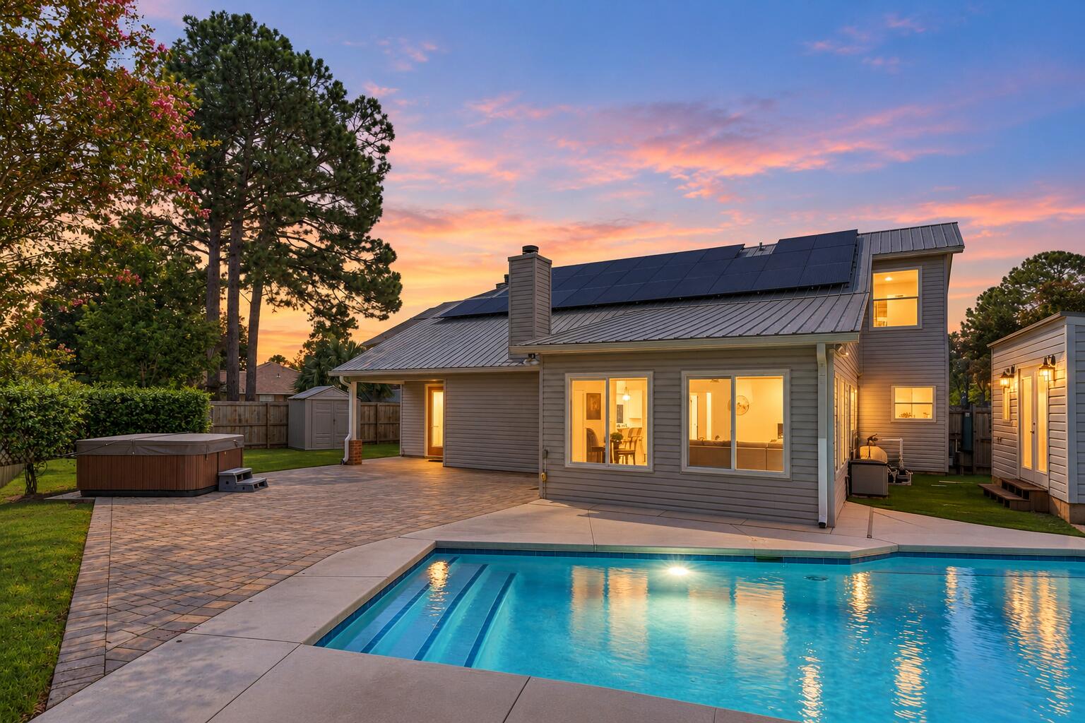 Your own private backyard oasis awaits in the heart of Destin! Full of warmth and character, this beautifully maintained 3 bedroom, 2.5 bath home offers 1,816 square feet of living space, a two-car garage, and an exceptional outdoor setting. Step outside to a sparkling gunite pool and separate hot tub, surrounded by meticulously maintained landscaping, creating an inviting retreat for entertaining or simply relaxing in your own backyard. A powered workshop shed offers space for hobbies and projects, while a second shed provides additional storage.

Inside, the home's inviting living spaces offer a welcoming atmosphere and a floor plan with the convenience of a first-floor primary suite featuring a beautifully renovated bathroom. An additional Florida room overlooking the pool provides a versatile space to unwind and enjoy views of the backyard, while two upstairs bedrooms offer comfortable accommodations for guests, family or a home office.

Major improvements include a 2015 metal roof, hurricane-rated windows and doors, and fully paid-off solar panels with a transferable warranty. Conveniently located near Destin's beautiful beaches, shopping, dining, and entertainment, this home offers a distinctive blend of character, practical improvements, and exceptional outdoor living!