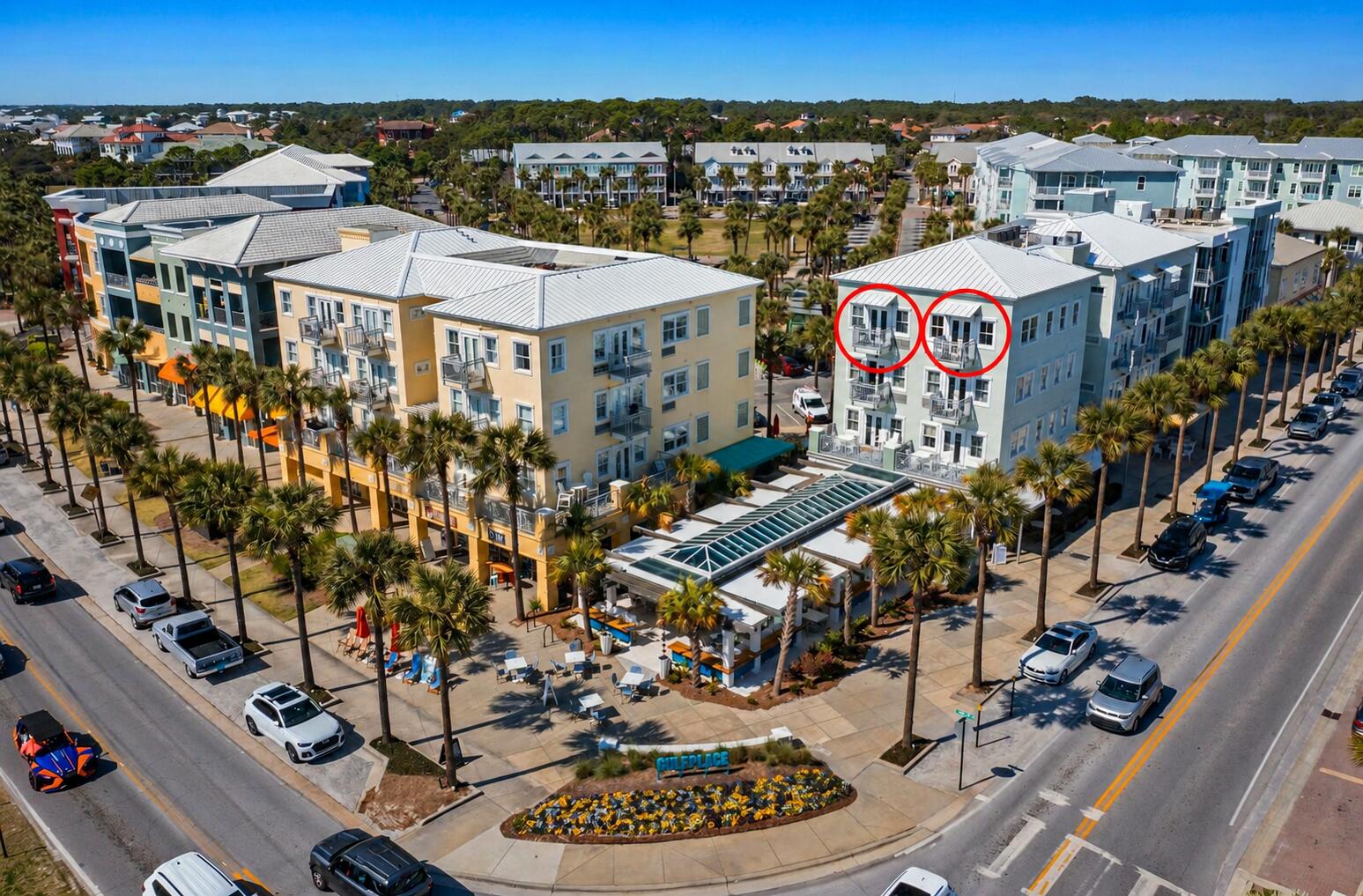 Two Doors. One Top Floor. A Rare Piece of Gulf Place. Side by side, Gulf facing, and offered together--Units 418 and 419 create an opportunity that simply doesn't come along often. Both occupy coveted fourth-floor corner positions with no neighbors above, private balconies, soaring ceilings, and views stretching across the palms toward the Gulf. Together, they offer approximately 1,156 square feet of flexible ownership: keep two distinct vacation rentals, create a family-and-friends retreat with everyone close but comfortably separate, or enjoy one while the other earns its keep. Each residence has its own full kitchen and bath, while 418 brings 12-foot ceilings, wood-look flooring, a garden tub, separate shower and dual vanities; next door, 419 adds dramatic 12-foot ceilings, dual sinks, separate tub and shower, and its own inviting coastal personality. Step outside and Scenic Highway 30A is your playground--deeded beach access, three community pools, hot tub, tennis courts, restaurants, boutiques, local art and live music are all within easy reach. Park the car and stay awhile. Two condos. Two balconies. One remarkable Top-Floor Opportunity--with the Gulf always in view!