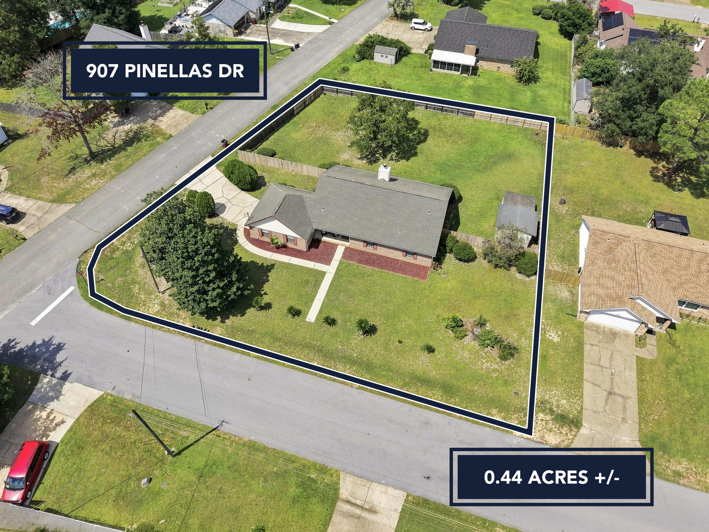 Welcome to 907 Pinellas Drive in Crestview! Situated on a spacious .44-acre lot, this 3-bedroom, 2-bath brick home offers 1,449 square feet of living space with several notable updates already completed.
The main living area features vaulted ceilings, a brick fireplace, and sliding glass doors that bring in plenty of natural light and open to the covered patio. The updated kitchen features light cabinetry, granite countertops, stainless steel appliances, and a breakfast bar connecting it to an additional dining or living space.
Major updates include new kitchen cabinets and granite 2025,  a new HVAC system installed in 2024, roof replaced in 2021, and water heater replaced in 2021. Additional improvements include a new septic 2022, updated bathroom vanities, mirrors and toilets, and added attic insulation.
Step outside to a large fenced backyard with plenty of usable outdoor space, a covered patio, and a detached storage building for extra storage. An attached side entry garage adds even more functionality.
Built in 1990 and offering a combination of updated major systems, generous outdoor space, multiple living areas, and additional storage, this Crestview home is ready for its next owner. Schedule your showing and come see 907 Pinellas Drive for yourself!  Yard shed conveys as is