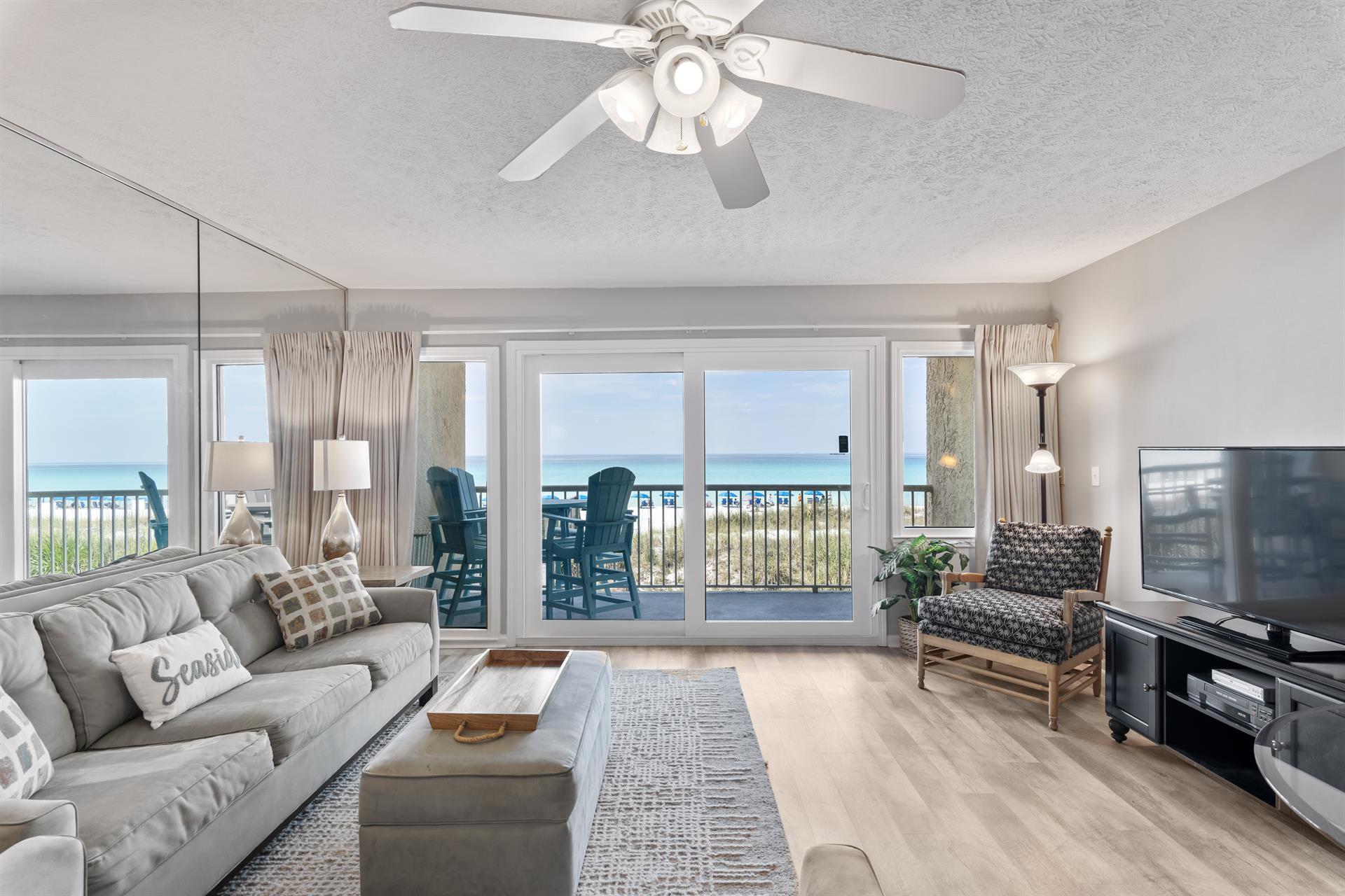 Destin Seafarer is a quaint 3-story building, located directly on the beach in the heart of Destin. A one bedroom fully equipped unit. With a king-size bed in the master bedroom, full-size kitchen, and a queen sofa bed. This unit is located on the 1st floor (ground floor is parking) with a breathtaking view of the beach. Beautiful turnkey condo. Water Heater is 2005. Come take a look you won't be disappointed. The on-site rental management company has over 30 years experience in the property management business.
