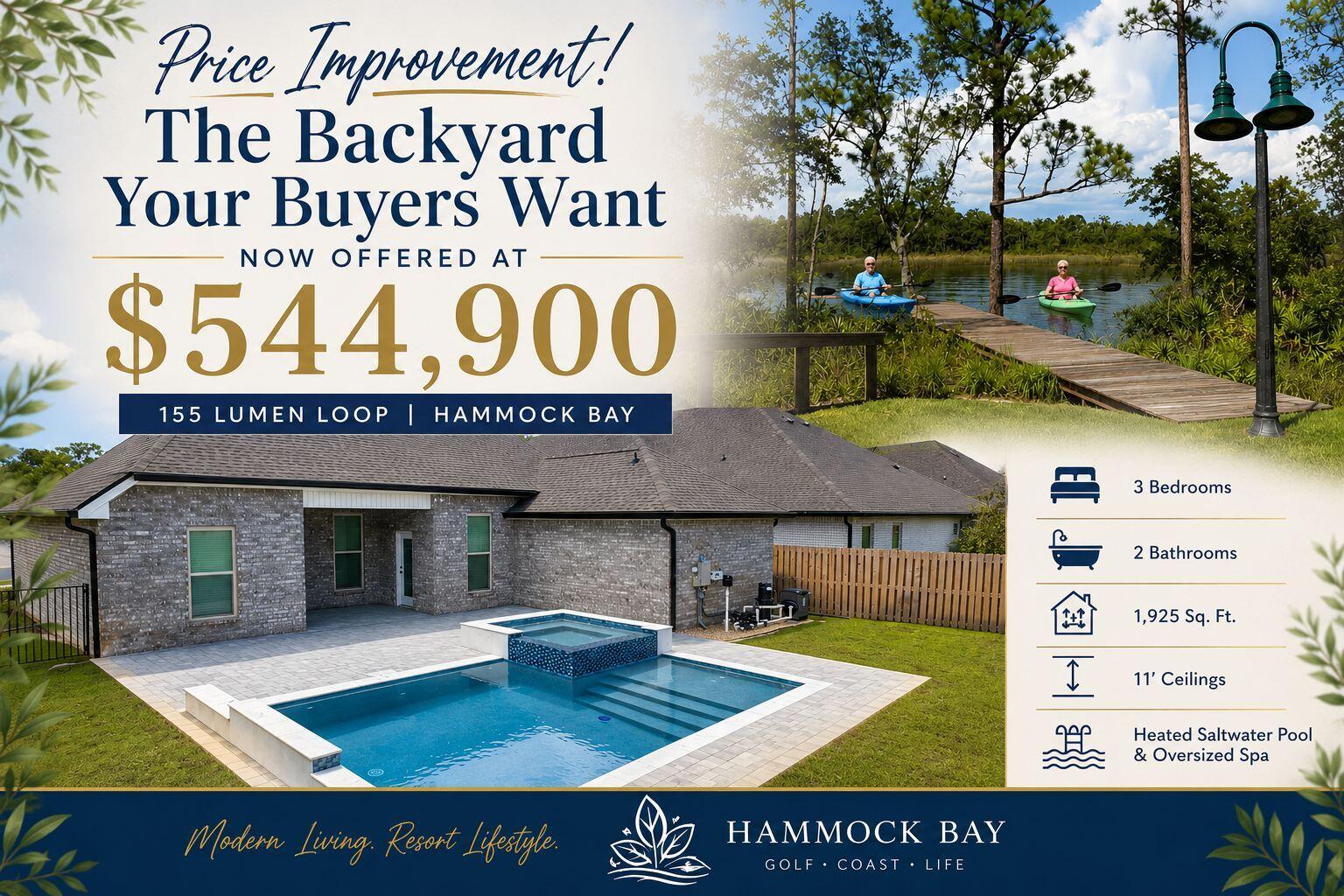 Your Florida Dream Begins Here -- Wrapped in Upgrades, Warmth, and a $120K Backyard Paradise!!!

Some homes invite you in. This one welcomes you home! From its sunny corner lot in the Starburst neighborhood of Hammock Bay, this 2025 residence stands apart--not because it's new, but because it's complete. While most new construction homes offer the basics and leave the rest to your imagination (and your wallet), this one has already been thoughtfully elevated with the upgrades, comforts, and lifestyle features buyers dream of but rarely find ready and waiting.

The moment you step inside, the story begins with light--soft, warm, and beautifully intentional. LED lighting throughout, paired with window blinds already installed, creates a polished, move in ready atmosphere. Wood look ceramic tile flooring stretches across the entire home, offering durability, elegance, and easy Florida living without the patchwork of mixed flooring you often see in new builds.

The living room immediately draws you in with its custom accent wall, where an electric fireplace and TV center above the mantel create a rich, inviting focal point. It's the kind of feature that transforms a house into a home--something you simply won't find in a builder's standard package. And then, the heart of the home: the kitchen....
Here, every detail has been elevated beyond builder grade. Quartz countertops, soft close doors and drawers, upgraded backsplash, matte black faucet accents, and under-cabinet lighting come together to create a space that feels both modern and timeless. The large island, pendant lighting, gas stove, and walk in pantry with custom shelving make this kitchen as functional as it is beautiful--ready for quiet mornings, lively gatherings, and everything in between.

The dining area flows naturally toward the covered back porch, where the home's most breathtaking feature awaits: a $120,000 custom saltwater, heated gunite pool and oversized spa. This is not the kind of pool you add later. This is a resort style retreat crafted with marble coping, mosaic tile, LED lighting, tanning ledge, raised spa with waterfall, and a premium automation system. Surrounded by a fully fenced backyard, it offers privacy, beauty, and instant lifestyle value that new construction simply cannot match.

The primary suite continues the theme of comfort and luxury, featuring a tray ceiling, crown molding, and a serene private bath with a garden tub, double vanity, custom tile shower, and two walk in closets. Across the home, the additional bedrooms offer privacy for guests or family, while the flex space near the foyer adapts effortlessly to your needs--office, reading nook, playroom, or creative studio.

Throughout the home, thoughtful upgrades add convenience and long term value:
*Gutters installed around the entire home
*Exterior soffit electrical outlet
*Smart Wi Fi thermostat
*Energy efficient windows and water heater
*Pull down attic stairs and added shelving
*Flood lights and landscaping package
*Natural gas already installed (a rare and valuable feature in this neighborhood)

These are the upgrades that cost thousands--and months--to add after closing on a new build. Here, they're already done. Already paid for. Already yours.

Every day feels brighter in Hammock Bay, where resort-style amenities, natural beauty, and a warm neighborhood atmosphere come together to create a lifestyle people fall in love with. Beyond the home itself, residents enjoy pickleball courts, a 4,000-sq-ft fitness center, playgrounds, community pools, and miles of sidewalks that make it easy to stay active and connected.

This isn't just a home that's move-in ready--it's life-ready. The upgrades are complete, the comforts are built in, and the Florida lifestyle begins the moment you arrive.

Set across more than 3,000 acres of preserved natural surroundings, Hammock Bay offers over 12 miles of sidewalks, nature trails, and bike paths that link every corner of the community. Multiple resort-style pools, a 25-meter lap pool, lighted basketball, tennis, and pickleball courts, putting greens, picnic areas, outdoor cooking spaces, and a charming general store create a setting where convenience meets recreation.

Canine Commons provides two dedicated dog parks--one with washing stations and water bubblers--while the nearby 60-acre sports park expands athletic opportunities even further.

At Town Square, an open-lawn amphitheater hosts concerts, movies, festivals, and community events. Local dining, rotating food trucks, and gathering spaces bring neighbors together in a lively social hub. For those who love the water, Steamboat Landing offers 480 feet of shoreline along Choctawhatchee Bay, a 500-foot dock, fishing pier, bayfront clubhouse, and a covered pavilion perfect for sunset views.

Located in Freeport--one of Northwest Florida's fastest-growing bayfront communities--Hammock Bay provides easy access to the beaches of South Walton, Scenic 30A, Destin, Niceville, major airports, and Eglin and Hurlburt Air Force Bases.

This is more than a home. It's a place where spacious design meets resort-style amenities, where lake views greet you each morning, and where every day feels like a well-earned retreat.

Please note: All information is deemed to be accurate. Buyers are responsible to perform due diligence to verify all information of importance to them.