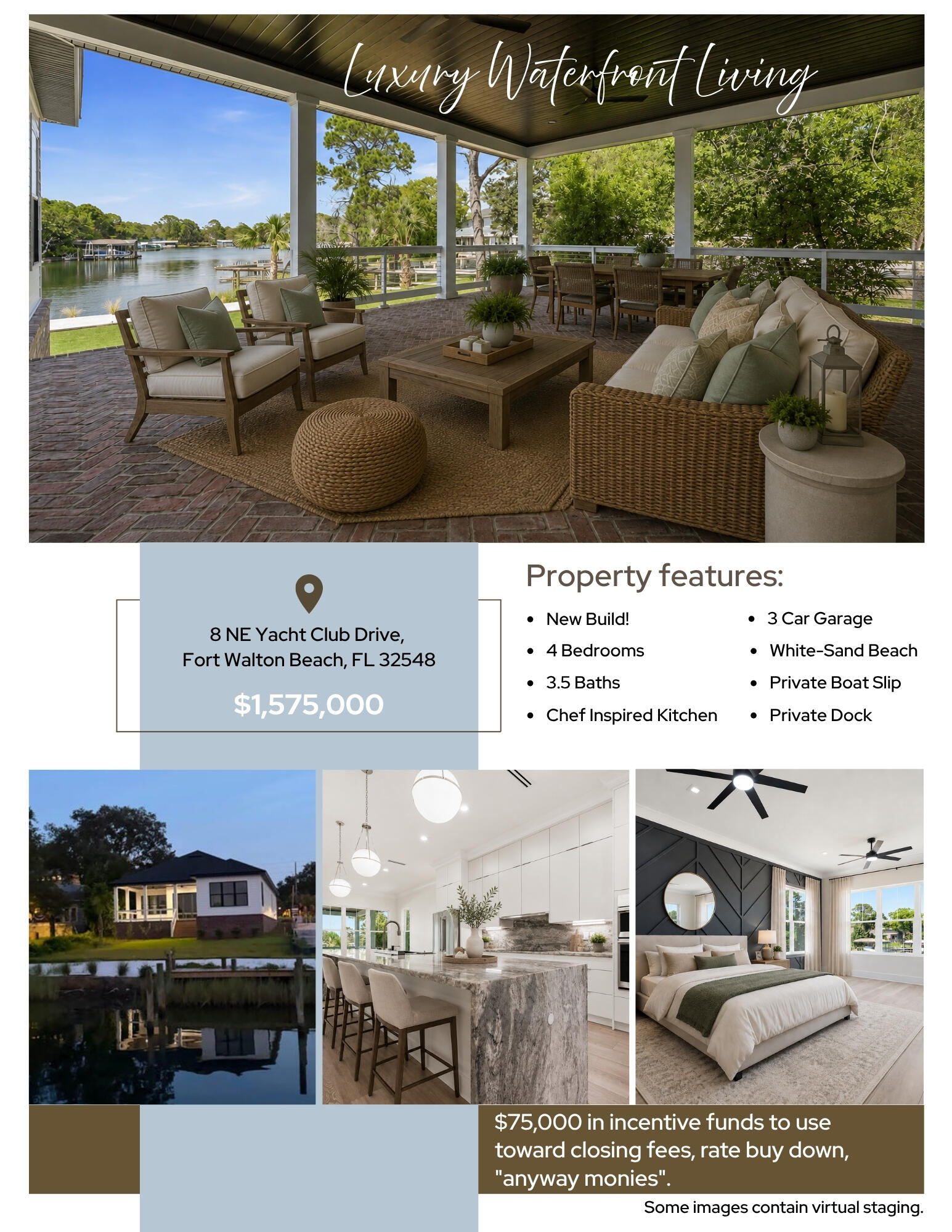 Luxury Waterfront Living in Yacht Club Cove
 $75,000 Buyer Incentives Available!

Discover the pinnacle of coastal sophistication in this stunning 2026 new construction masterpiece located in the desirable Yacht Club Cove. Boasting 3,150 square feet of meticulously designed living space, this four-bedroom, four-bath residence offers an unparalleled waterfront lifestyle. Experience peace of mind with robust 2x6 construction, impact-rated windows, and reinforced garage doors throughout. The interior reflects modern elegance, featuring 8-foot solid-core doors and a chef-inspired kitchen that serves as the heart of the home. Designed for those who value both style and security, this residence seamlessly blends high-end finishes with the tranquility of waterfront living. . Step outside to your private dock and boat slip, providing immediate access to the beautiful waters of Fort Walton Beach. This is a rare opportunity to own a cutting-edge home in an established premier community. $75,000 Buyer Incentives Available!