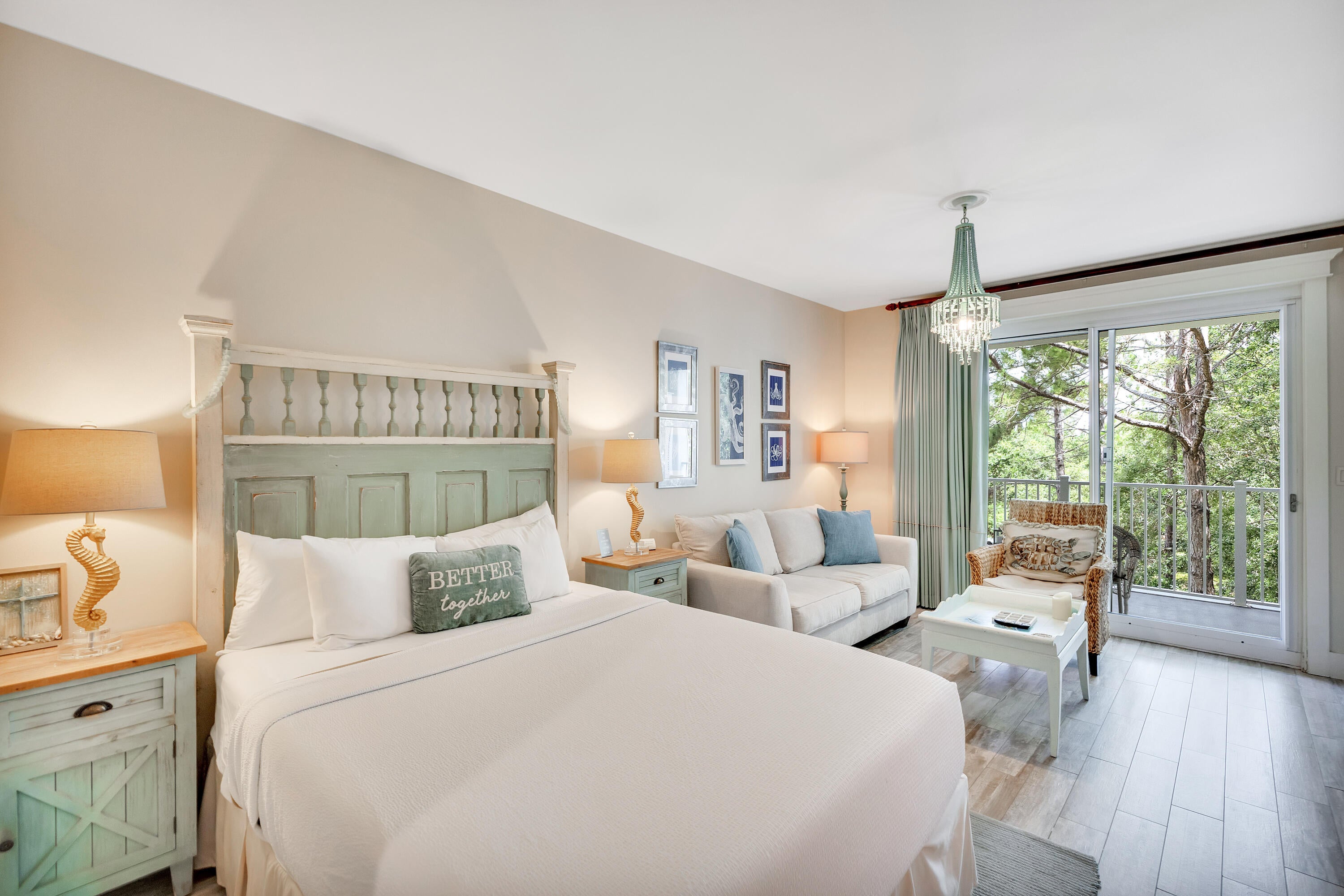Located on the 3rd floor of Lasata, this updated coastal studio offers a relaxing escape in the heart of the resort. Stylish porcelain plank tile flooring runs throughout, and a 2020 HVAC ensures year-round comfort. The open layout sleeps four comfortably with a queen bed and sleeper sofa. A fully equipped kitchenette includes a Hisense fridge/freezer combo and everything you need for a convenient stay. Step onto the large, covered balcony to enjoy tranquil views of the beautifully landscaped gardens. Whether you're looking for a weekend getaway or a rental-ready investment, this Lasata gem delivers. Lasata is located adjacent to the fabulous shopping, playground, family friendly activities, formal and informal dining and night life hot spots in the pedestrian Village of Baytowne Wharf. In addition, Hotel Effie is just a few steps away with a rooftop pool and bar and fine dining at Ovide. Owners also have access to the private Solstice Club, an amenity for owners and their guests, featuring grills, screened porch with gas fireplace, indoor bar, flat screen TV and comfortable seating inside and out. As an introduction to the Sandestin lifestyle, we invite our new owners to explore amenities that make Sandestin special. The listing brokerage and seller(s) are presenting the buyer(s) of this property with (2) 90-minute rounds of Tennis court time, a golf foursome at one of our three championship courses, and a round of golf for up to four (4) players at the unrivaled Burnt Pine Golf Club.
Sandestin Golf and Beach Resort features more than seven miles of beaches and pristine bay front, four championship golf courses, 15 world-class tennis courts, a 226-slip marina, a fitness center, spa and celebrity chef dining. Shop, dine and play at the charming pedestrian village, The Village of Baytowne Wharf and more. Inside the gates of the resort, residents enjoy a balanced lifestyle of high-class living, spanning the 2,400 acres from the beach to the bay. Everything within the gates of the resort is accessible by golf cart or bicycle. The entire resort is interconnected by miles of pedestrian, bike and golf cart paths that weave through groves of live oaks, meandering past natural lagoons, fountains, man-made lakes, and meticulously landscaped fairways.