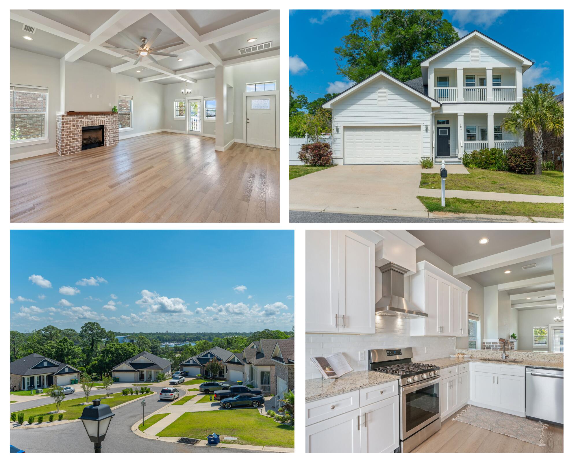 This versatile floor plan offers four bedrooms plus a dedicated study that has been used as a fifth bedroom. Offering gorgeous views of the Boggy Bayou, this two-story home has the perfect blend of comfort, space, and coastal charm. From the moment you step inside, you'll notice the soaring 10-foot ceilings, stunning beamed accents, and open-concept. The spacious living room boasts a gas fireplace and flows seamlessly into a kitchen that features granite countertops, tile backsplash, large pantry, and a breakfast bar. The bedrooms throughout the home are generously sized, with the primary bedroom and studio (could be a 5th bedroom) conveniently located on the main floor and additional bedrooms plus a loft area upstairs.
The primary suite is designed as a relaxing retreat with a double vanity, tiled walk-in shower, separate water closet, and spacious walk-in closet.
Step outside and enjoy peaceful bayou views from not one, but two covered porches, one on each floor. The large backyard offers plenty of room to relax or entertain!