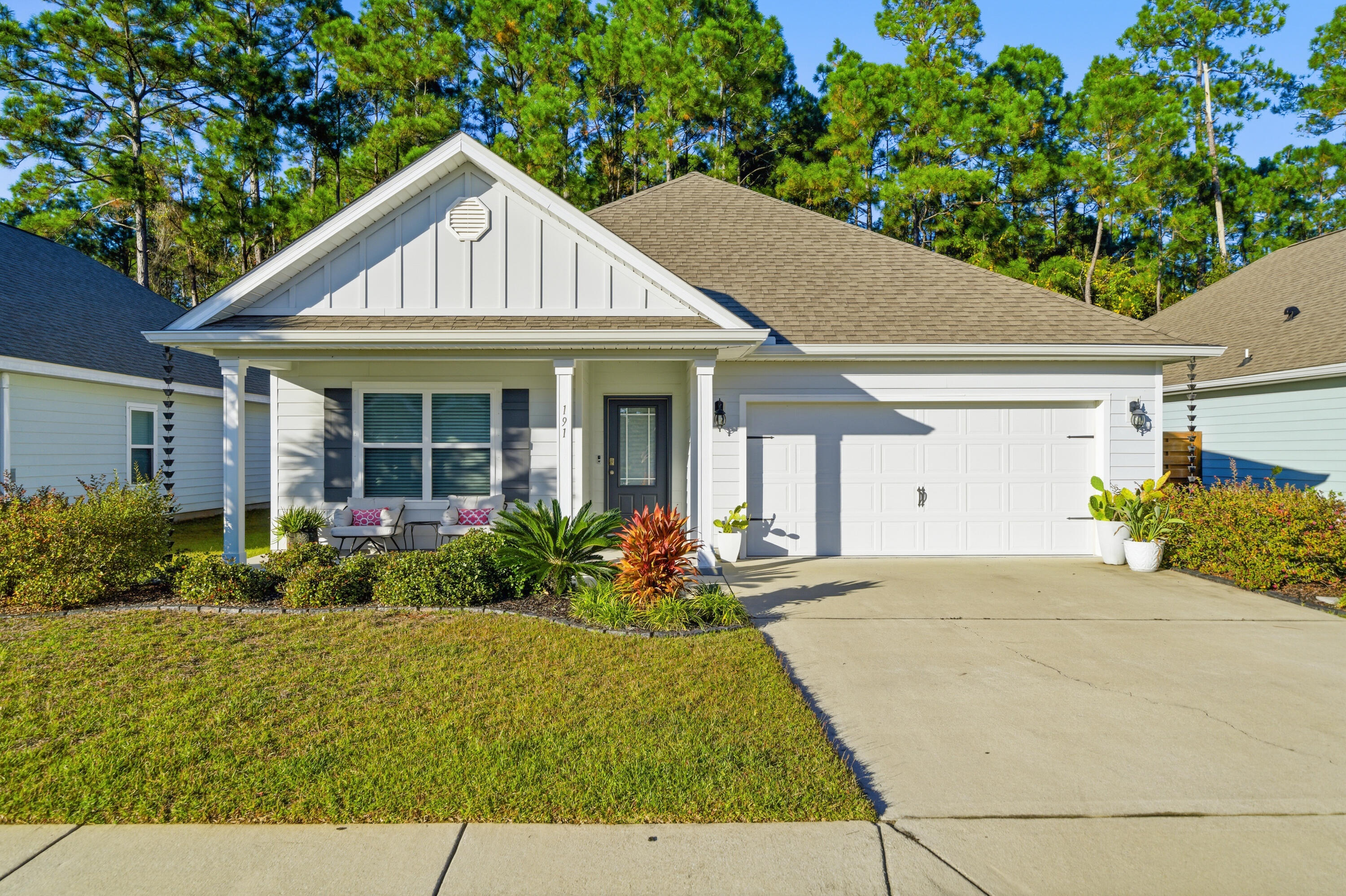191 Southern Pines Rd — Beautiful Rhett floor plan in the intimate Southern Pines community: a single-level, open-concept residence offering 4 beds, 2 baths and approximately 1,774 sq. ft., a 2-car garage and thoughtful builder finishes. The Rhett features a spacious island kitchen flowing to the living area, split-bedroom layout and modern appointments; this home includes granite countertops, engineered vinyl-plank flooring, Frigidaire appliances and Custom finishes. Built in 2020, the property sits in a peaceful, wooded setting yet is only minutes from South Walton's famed 30A beaches, restaurants and parks. Ideal for those wanting to live near Seaside, Grayton and other South Walton 30-A destinations.  Call today, as this one won't last long! Credit / Background Check required.
