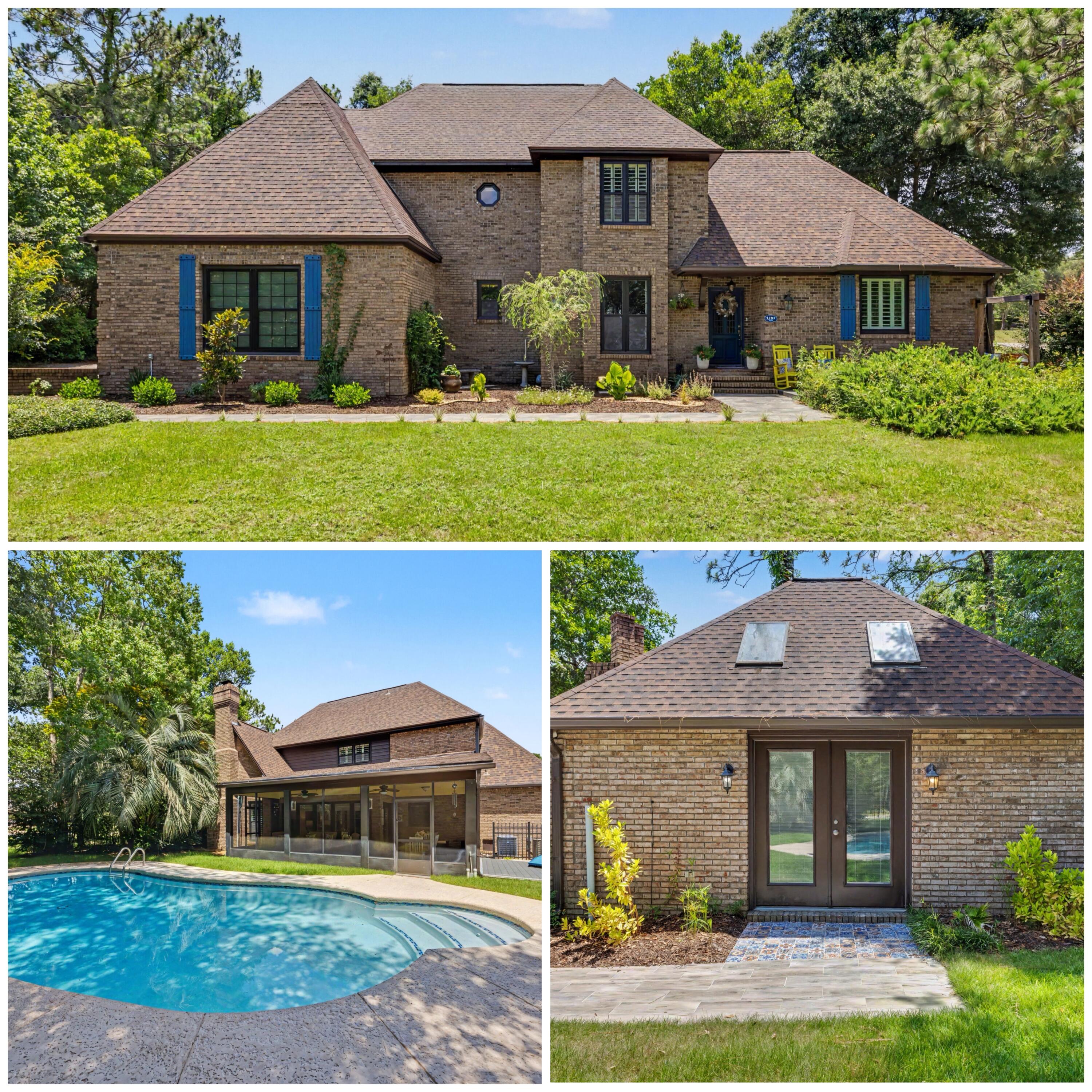 GRAND RESIDENCE WITH POOL HOUSE! Step inside this European inspired residence where  French Country charm, refined craftsmanship, and distinctive architecture set the stage for a remarkable living experience. Nestled on a 1 acre estate sized lot with mature trees and park like grounds, this thoughtfully renovated 3189 sqft residence is complemented by a 437 sqft pool house and a sparkling  in-ground pool. Rarely does a property combine character, modern updates and exceptional outdoor amenities, but this exceptional property does that and more! Designed for both comfortable living and elegant entertaining, the home features 4 generously sized bedrooms, 3 full bath and a 1/2 bath, a formal dining room, a large breakfast area overlooking the pool and 2 living areas, 1 of which boasts a 2 story ceiling and an impressive fireplace , the other is adjacent to the thoughtfully appointed kitchen. The 1st floor primary bedroom features a built in electric fireplace and a recently renovated spa like bath with custom tiled shower, soaker tub and shiplap accent wall. In addition to the 3 bedrooms and 2 baths upstairs  you'll find a HUGE walk in attic that provides amazing storage with convenient access , and could potentially be finished to create additional living space! The brick pool house features a cathedral ceiling with skylights, a 1/2 bathroom, and offers so many options for how to use the space!.The design is a replica of the main home and exudes the same character and charm For a discriminating buyer who wants to have a one of a kind home in a prime and highly sought after location, this home should be at the top of the list. Located in the Kennedy Lakes area of Northwest Crestview only 2.9 miles from the newly opened Crestview bypass providing for quicker commutes and easy access to all that Crestview has to offer. With the world class beaches of the Emerald Coast a mere 40 minutes away you can experience the best of both worlds, Florida living close to the beach but on a large private inland lot protected from storms. Square footage is deemed to be accurate based on prior appraisals and tax collector data, buyer to verify any facts they deem relevant. For buyer peace of mind, the pool was resurfaced in 2026, flooring replaced in 2026 , new water heater in 2025, The roof was replaced in 2022, new Windows in 2022, gutters replaced in 2025 the HVAC has been under a continuous biannual service contract with Casey Electric , and seller maintains an active termite bond. This home checks ALL the boxes!