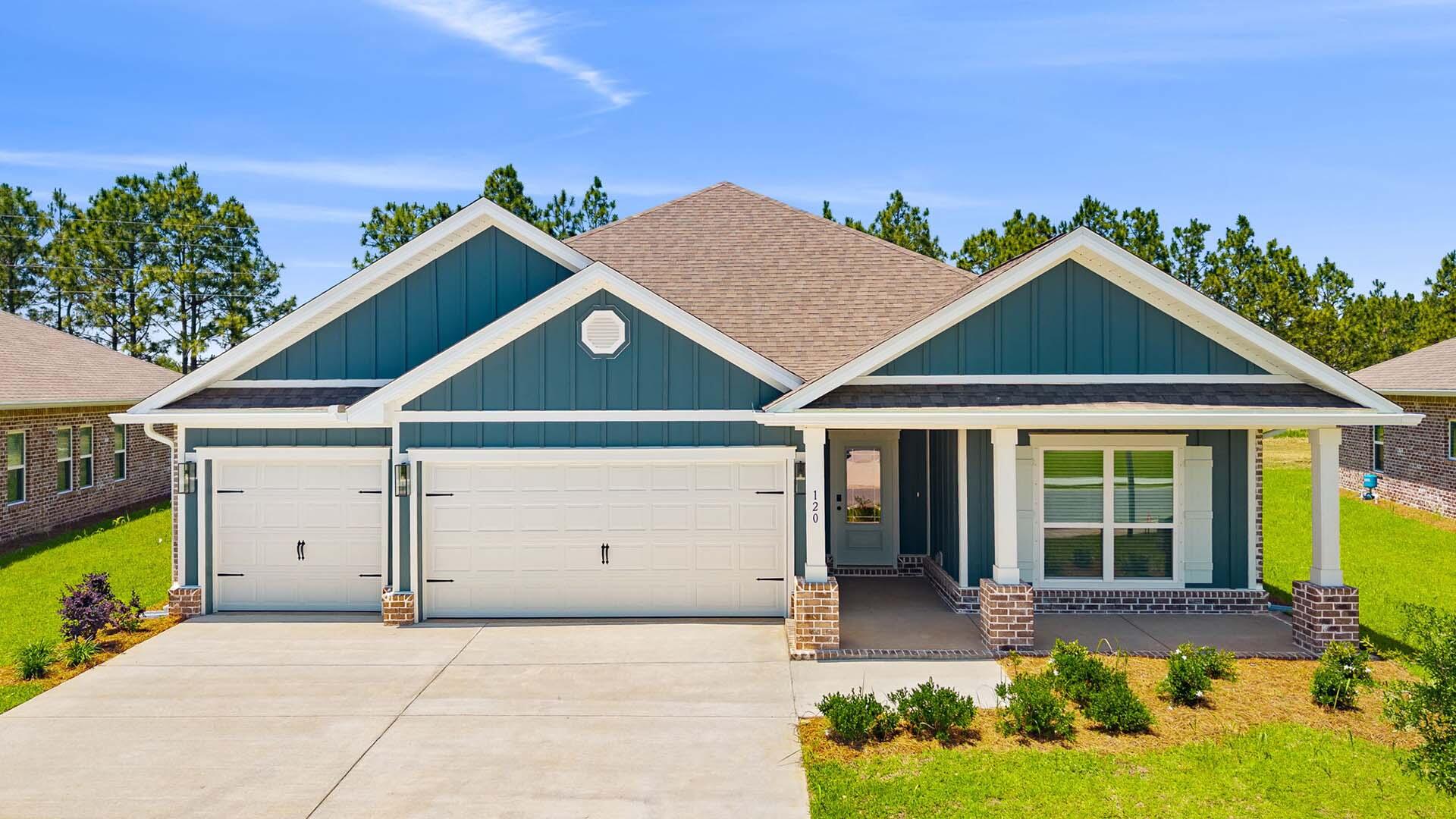 Welcome to 282 Farm Owl Drive, a new home under construction at Owl's Head Farms in Freeport Florida. This thoughtfully designed new construction home offers modern comfort, elevated finishes, and a desirable Freeport location near Florida's Emerald Coast beaches, shopping, dining, and outdoor recreation. From the moment you enter, the open-concept floor plan leads into an expansive great room with 9-foot ceilings and an added tray ceiling that enhances the spacious, airy feel. The main living area is ideal for both everyday living and entertaining, with a seamless connection between the living room, kitchen, and dining spaces.
The beautifully appointed kitchen features quartz countertops, attractive cabinetry, a tile backsplash, and matte black plumbing fixtures for a clean, contemporary look. An adjacent dining area provides a comfortable space for meals, while the large living area opens to a covered patio, creating an effortless indoor-outdoor connection. Engineered vinyl plank flooring runs throughout the home, providing durability, style, and a smooth transition from room to room.
Privately located at the back of the home, the primary bedroom offers a relaxing retreat with a well-appointed ensuite bathroom. The primary bath includes a soaking tub, separate shower with glass enclosure, dual-sink vanity with quartz countertops, lower cabinetry for storage, matte black fixtures, a spacious closet, and a private water closet.
