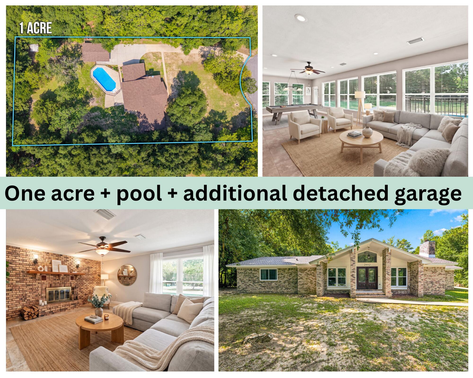 Tucked away on a  cul-de-sac in North Crestview, this beautiful home offers the perfect blend of privacy, space, and convenience. Situated on a one-acre lot surrounded by mature trees, you'll enjoy a peaceful setting without sacrificing access to town.

Inside, the inviting floor plan features vaulted ceilings, a cozy wood-burning fireplace, granite countertops and custom cabinetry throughout. The kitchen also includes a built-in beverage station complete with a cooler and ice maker, perfect for entertaining or your morning coffee routine.

The spacious primary retreat boasts a large walk-in closet with custom shelving and a spa-inspired bathroom featuring an oversized rain shower with body jets. 

There is a large sunroom off of the kitchen that provides versatile space ideal for a home office, playroom, fitness room, or additional living area.

Step outside to a fully fenced backyard designed featuring a generous patio and sparkling in-ground pool. In addition to the attached two-car garage, you'll find a 20x30 detached workshop/garage offering plenty of room for hobbies, storage, or projects.
Major updates provide added peace of mind, including a new roof in 2024, septic system and drain lines in 2026, and updated windows in 2018.