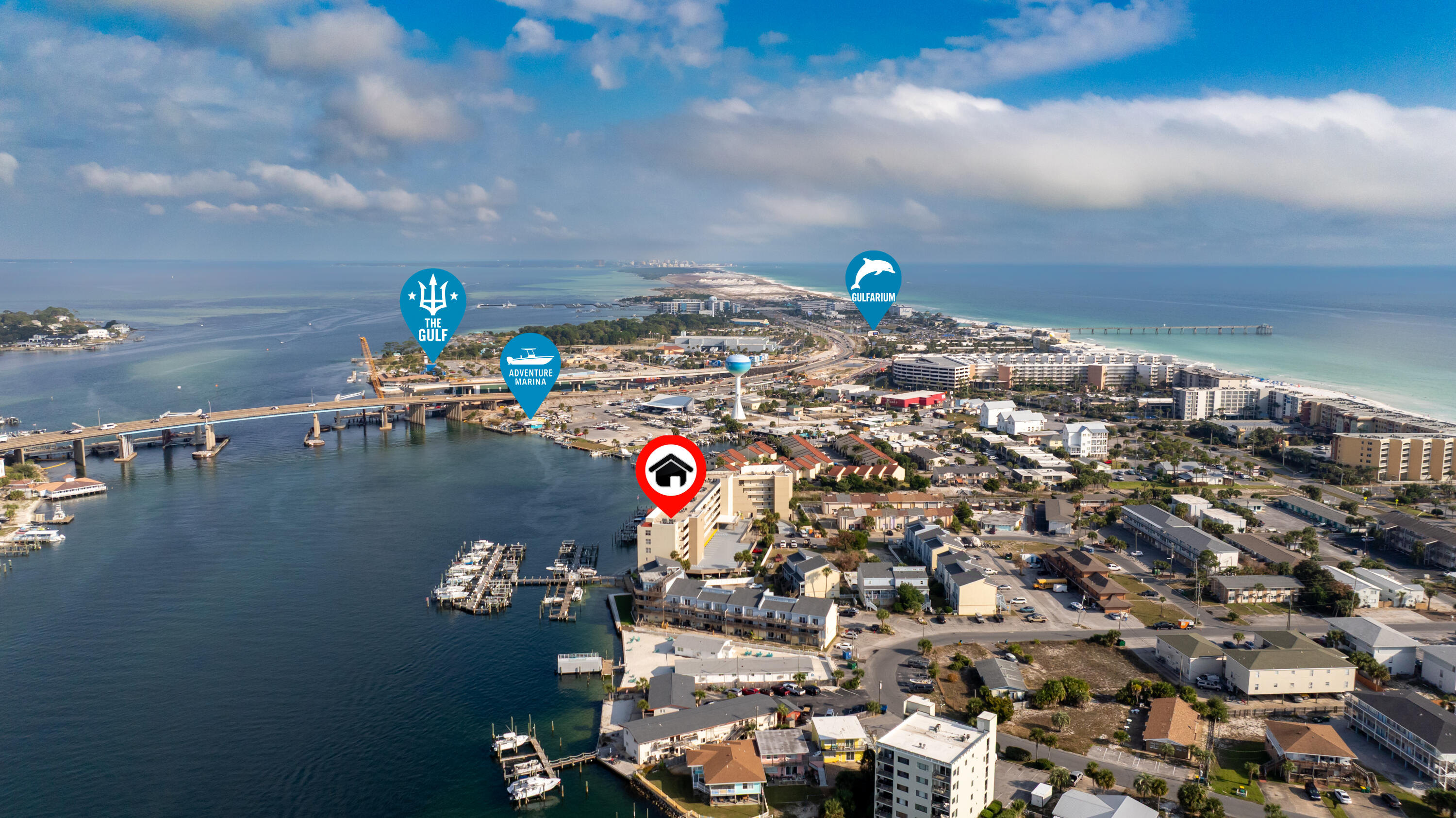 A 18' boat slip (#19) with a lift deeded. Prime short-term rental opportunity on Okaloosa Island! This penthouse, top-floor condo features 10 ft. ceilings and truly unbeatable proximity to the best of Northwest Florida just minutes to the white-sand beaches, waterfront dining, boutique shopping, and entertainment in both Downtown Fort Walton Beach and Destin. Whether for personal escape or as a high-performing STR, this location is hard to match. Located in a gated community, this property includes 2 covered assigned parking spots 39 & 40, owner storage lockers in the parking garage, and impressive amenities: a community pool & hot tub and a 25' boat slip (#19) with a lift. Enjoy panoramic views of the Intracoastal Waterway from the spacious balcony, accessible through a large glass sliding door that fills the living space with natural light. Inside, the unit offers tile flooring throughout, crown molding, and an open layout ideal for hosting guests. The kitchen features a convenient breakfast bar, a white enamel dual-basin sink, and plenty of cabinet and countertop space. The primary bedroom has a large picture window overlooking the water, a ceiling fan, and an ensuite bathroom complete with a glass-tiled walk-in shower with built-in seat. Additional conveniences include a full-size washer and dryer in the unit. Whether you're looking to capitalize on Okaloosa Island's thriving vacation-rental market or secure your own waterfront retreat, this penthouse unit checks all the boxes.