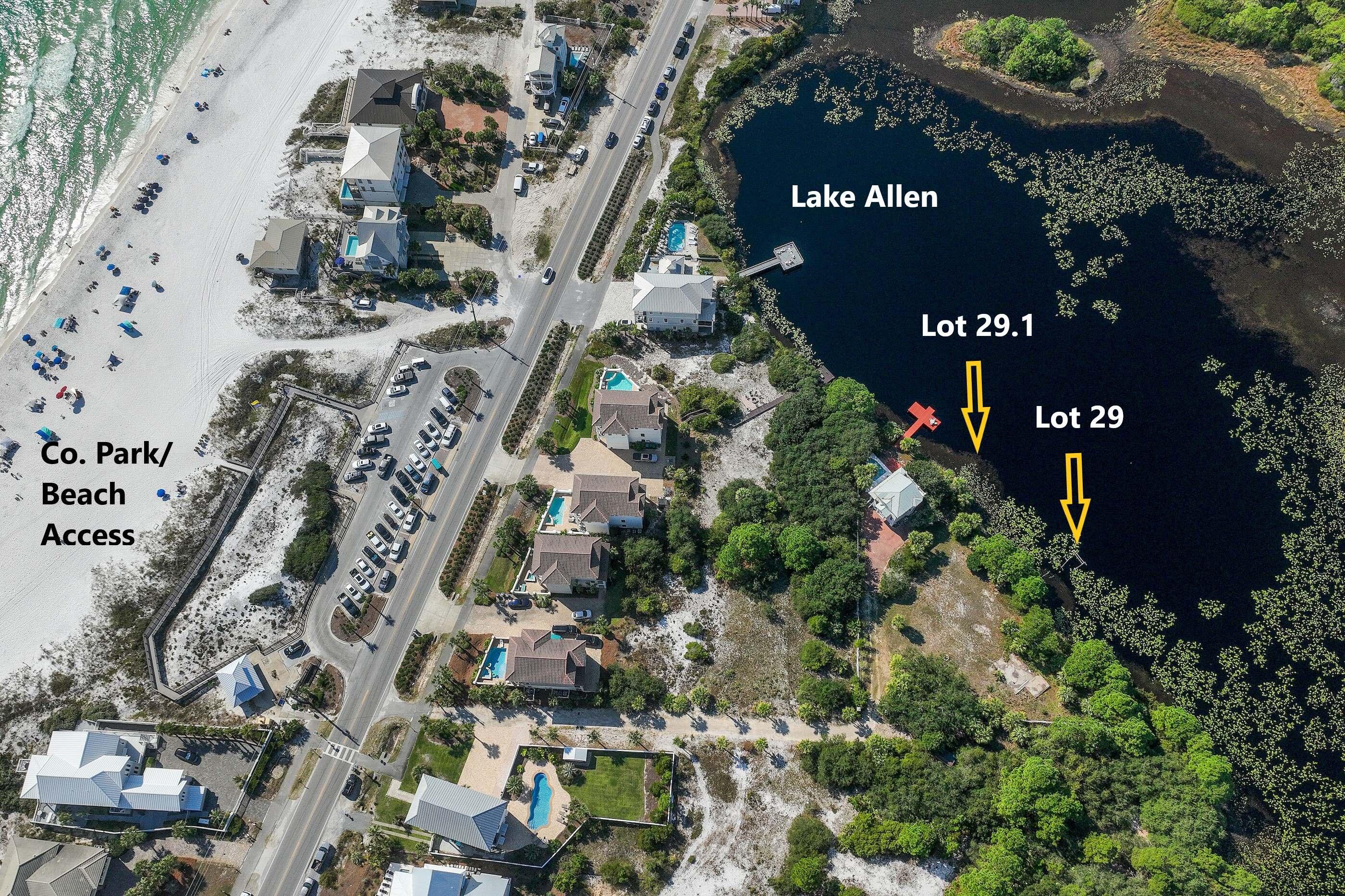 PRICE SUBSTANTIALLY REDUCED! Rare Opportunity! Sizable Lot of Record on premier coastal dune Lake Allen. Private setting totaling .36 acres with 164' lake frontage on pristine natural sanctuary in Dune Allen Beach. Only +-128 yards via private driveway to Fort Panic County Park/Beach Access. No HOA-County code applies. Zoned 'Neighborhood Infill.' Future Land Use 'Residential.' CDLPZ setback 50' from shoreline; 4 story 50' height limit; all Flood zone 'X' except immediate shoreline. Main & Carriage Houses allowed. Existing Carriage House, pool & dock may be utilized with some modifications. Panoramic lake views with possible Gulf views from multi-story residence. Adjacent .48 acre lake front site also for sale.