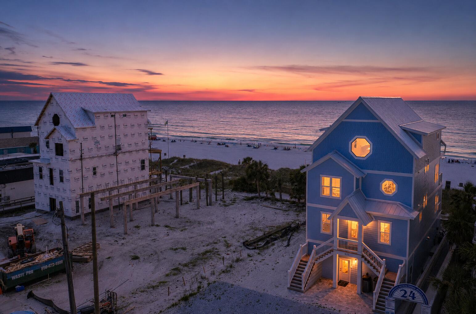 No HOA fees!! Looking for an Airbnb powerhouse, you've found it. With an experienced Airbnb host and aggressive pricing strategy, this fully furnished 7-bedroom, 8.5-bath Gulf-front beach house is built to support a high-capacity rental operation. 

Built in 2025, the property features a heated private pool, parking for up to 9 vehicles, no HOA restrictions, and direct beachfront access. The seller is also building a new construction home next door, creating a unique opportunity for buyers interested in expanding their Gulf-front investment footprint.

The approximately 30 x 30 main living area is designed for large groups, with Gulf views from nearly every angle. The chef's kitchen centers around a 10 x 5 island with granite slabs imported from Brazil, dual refrigerators, wraparound seating, and a 75-inch wall-mounted TV. The home also includes 12 smart TVs, a 412-game arcade console, and a third-floor entertainment lounge with room for movies, games, a pool table, or air hockey. The primary suite features 16-foot ceilings, chapel windows overlooking the Gulf, and a private lounge with a coffee and wine bar.

More than $150,000 in designer furnishings, accessories, and custom window treatments contribute to the home's turnkey appeal and reduce the need for immediate setup. Hurricane-impact windows, a 10-foot sliding glass door, triple-pane Therma-Tru doors, and a commercial-grade fire suppression system with 24-hour monitoring add notable durability and safety features. Outside, an approximately 30 x 25 beachfront deck overlooks a heated 12 x 23 Gulf-front pool with an 8 x 6 sun shelf and two heaters. A powder-coated aluminum safety fence helps secure the pool area while preserving Gulf views, and reinforced balcony railings provide an additional safety feature. The lot extends to the wet sand, providing direct beachfront access and space for beach gear and jet skis.

The home was built on 12 x 12 concrete pilings driven 20 feet deep rather than traditional wood pilings. The exterior also features Hardie Board siding secured with stainless screws and a rust-resistant aluminum roof. Located minutes from Pier Park, Tootsies, Top Golf, and Dolly Parton's Pirates Voyage. Buyer to verify all dimensions.