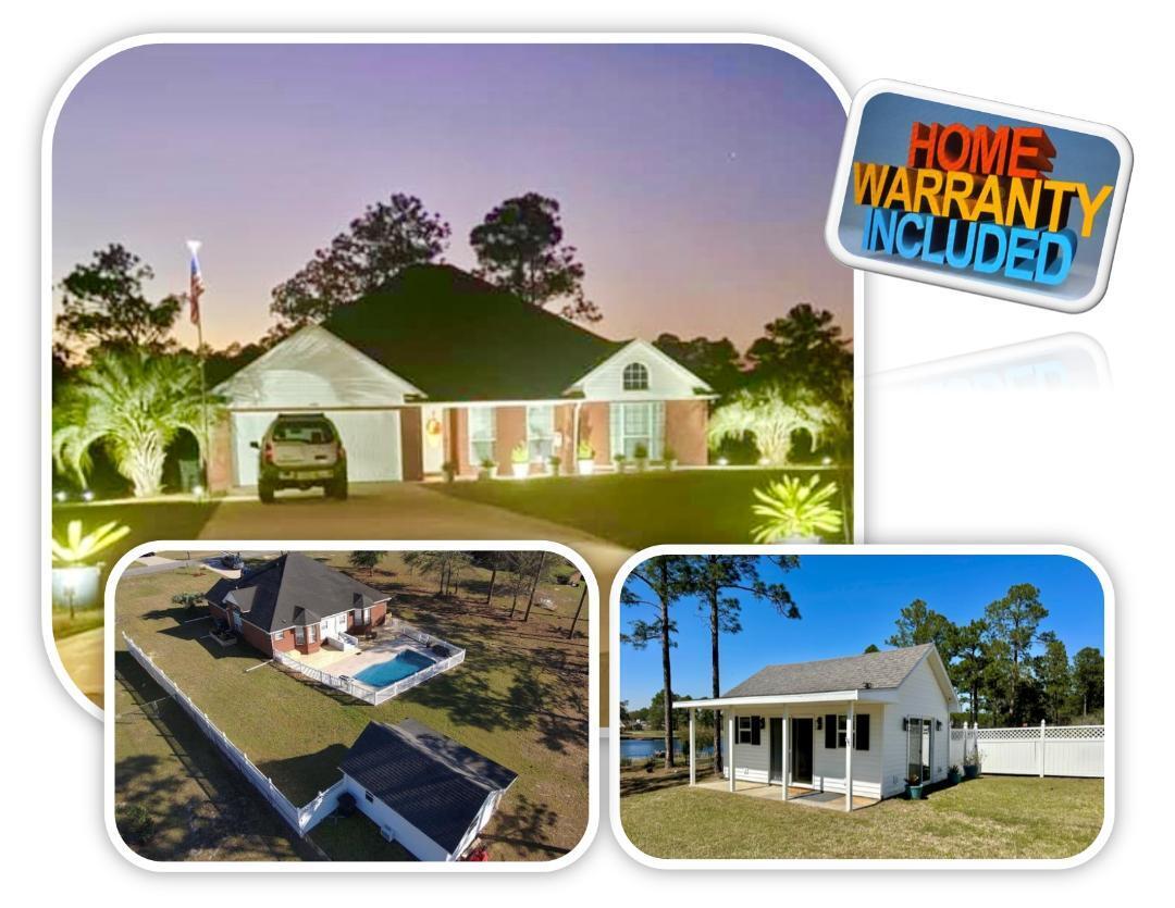 Seller offering $5,000 towards Closing Cost and 1 Yr AHS COMPLETE HOME WARRANTY Traditional all brick, NEW ROOF Waterfront on .74 Acre (100' WF), in-ground pool MOVE IN READY in Ten Lakes Estates, NO HOA, Separate waterfront Cottage. 3BR, 2 BA, 2-car attach garage & large custom built-in office. NEW: KitchenAid appliances, LG W&D, water heater, Plantation Shutters, ceiling fans, faucets, tiled shower, LED lights throughout, stone kitchen backsplash, cottage paint & all room paint touchups, 65'x 8' privacy fence, new 48'x12' deck, 6'' gutters, HVAC. Ceilings: 10' Vaulted or Trey. TOTAL 2,115SF (Cottage 275SF). City water, septic, irrigation-separate well. Corian kitchen with large island & pantry. Ensuite  soaking/jetted tub, new separate tile shower. 30'x15' LR. 2 guest rooms - split floorplan.