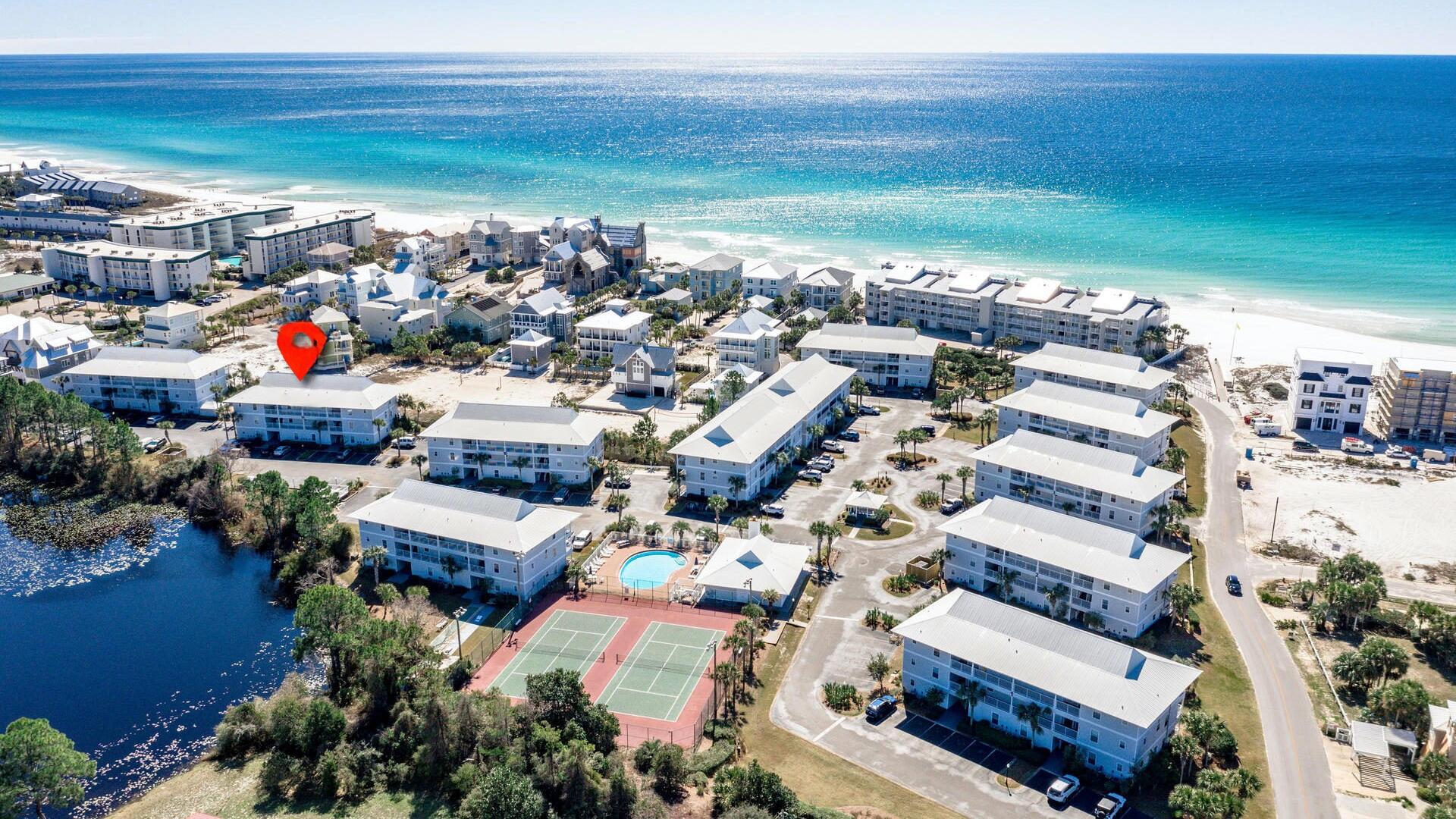 QUAINT & COZY first floor condo quietly tucked away in the beautiful beach front enclave of Beachside Villas. Situated just steps away from the sugary white sands of Seagrove Beach, the unit comfortably sleeps 6 with two nice size bedrooms and an adequately spacious living & dining area. Freshly painted with quartz counter tops in the kitchen & granite in the bathrooms. The bathrooms have both been updated with nice finishes.  Beachside Villas amenities include 2 tennis/Pickle Ball courts, 2 swimming pools, shuffleboard courts and a clubhouse for a large group.  From March to October, there is a Golf Cart Shuttle to take you to either the San Roy or Walton Dunes Public Beach Accesses.