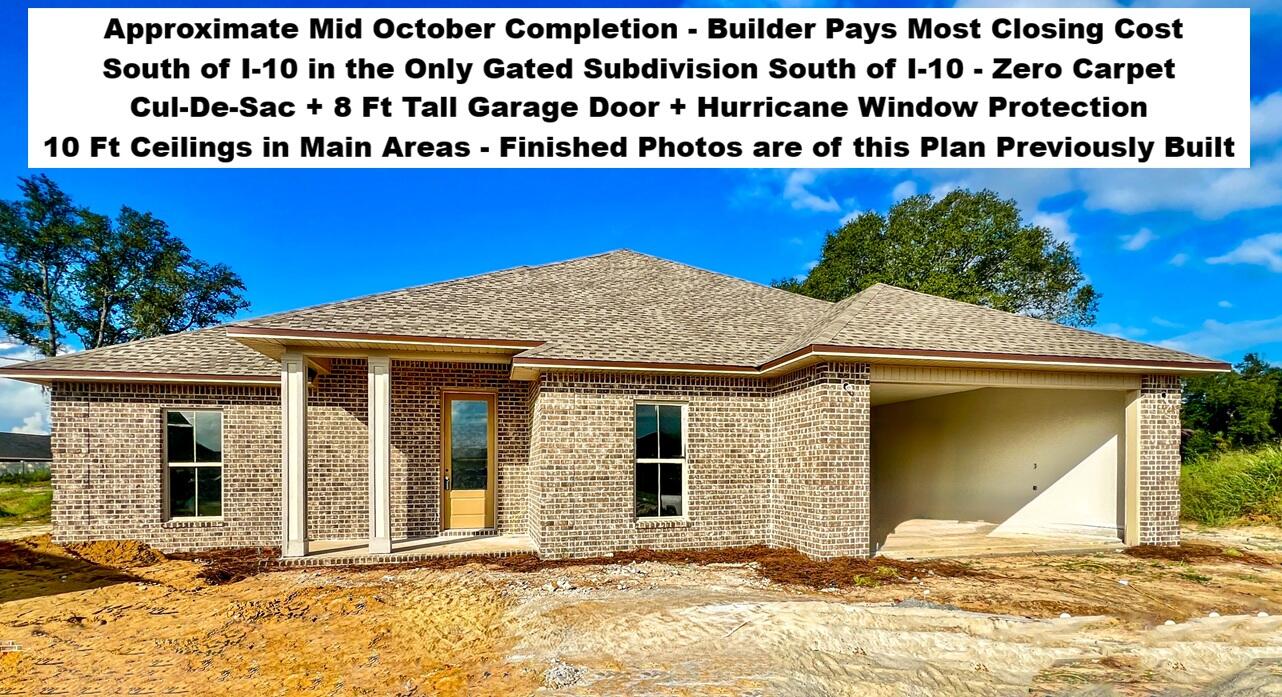 South of I-10 in the GATED Community of Chanan Estates. Low Traffic Family Friendly Cul-De-Sac. FLOOR PLAN IN PHOTOS. Be the 1st to live in this BRAND NEW 2026 Home with Brick on 4 Sides. 2 Car Garage with Sought After 8 FOOT TALL GARAGE DOOR - Builder Pays Most CLOSING COST. 5 Bedrooms, 3 Full Baths, Soaring 10 Ft Ceilings In the Main Areas, Sterling Oak LV Plank Flooring Throughout with Stonehollow Mist Glazed Porcelain Tile in the Master Bath, Brushed Nickel and Chrome Fixtures, Ceiling Fans in All Bedrooms. Kitchen with Shaker White Cabinets topped with Crown Molding, Upgraded 3 CM Quartz Counter Tops, Stainless Steel Appliances Including, Smooth-top Range, Microwave & Dishwasher, UNDER & OVER Cabinet Lighting, Single Bowl Sink, Walk-in Pantry. MASTER SUITE - Remote Controlled 66 Inch Ceiling Fan, CUSTOM TILED SHOWER with Recessed NICHE + Frameless Glass Door, Double Sink 3 CM Quartz Countertop, Master Vanity with Large Storage Drawers, Freestanding Soaking Tub, Private Water Closet & Walk-in Clothes Closet. No City of Crestview Property Taxes. Astroguard Hurricane Fabric Custom Cut on Site for Windows and Doors is Included with this home. Sprinkler System with Rainbird Control Box in Grassed Areas. LiftMaster Garage Door Opener with MyQ App Access. Manabloc Plumbing System, Carrier 15 Seer Heat Pump. This section of Chanan Estates is on Sewer not Septic. Check out the Photos of the same plan that was previously built. Zero Carpet in This Home. Only 3 Lots Left! Buyer to verify measurements and anything else of importance. The buyer must register the A/C and Heating System within 90 days of Closing to get the extended parts warranty. This home is NOT constructed by a big box national home builder, and the floor plans are unique to this builder.