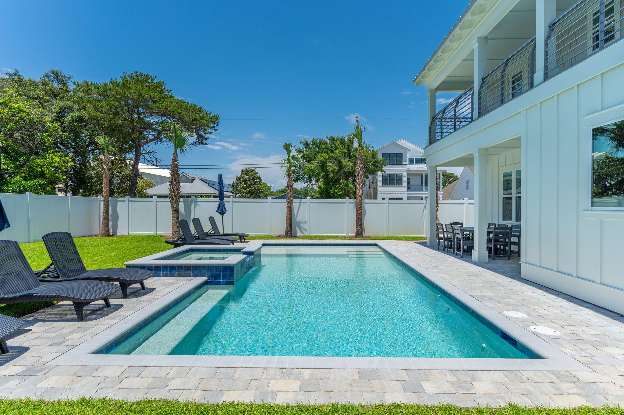 Proven Rental History! $287k+ projections for 2026. Take a look at this stunning, fully furnished & decorated, beach house in the desirable neighborhood of Crystal Beach!! This luxurious 3-story home, featuring 8 spacious bedrooms and is walking distance to the beach making it the perfect retreat for large families or groups seeking a relaxing coastal getaway. As you step inside, you are greeted by an expansive open-concept living area on the main floor, elegantly designed with stunning wood beams, sleek finishes and ample natural light. This stunning kitchen offers stainless steel appliances, tile backsplash from countertop to ceiling, sleek quartz countertops, and a large island with seating for casual dining. The house offers not one, but two living areas on the first level providing plenty of space for entertainment and relaxation. Both living areas on the ground floor flow seamlessly into the dining space & kitchen. There is an additional sitting area on the second floor that offers a more intimate setting, perfect for enjoying quiet evenings or watching movies. The second floor also offers 4 additional bedrooms, each with their own en-suite bathroom. The home features a well-appointed bunk room on the third floor, designed with children and teens in mind, offering a fun and comfortable space for them to enjoy. Each of the 8 bedrooms is thoughtfully designed to provide a serene retreat, with ample storage and en-suite or nearby bathroom access. Also, from the third floor, enjoy enchanting views of the Gulf of Mexico, reminding you of your proximity to the beautiful white sandy beaches Destin is famous for. One of the highlights of this magnificent property is the private heated pool and spa, ideal for year-round enjoyment. The pool area is surrounded by a spacious deck, perfect for sunbathing, outdoor dining, and hosting poolside gatherings. The location of this beach house is unbeatable, just a short stroll away from the beach, local dining, shopping, and entertainment options. This Crystal Beach gem combines modern luxury with the charm of coastal living, making it an ideal investment for a vacation rental or a dreamy permanent residence. Don't miss the opportunity to own this exquisite piece of paradise.
