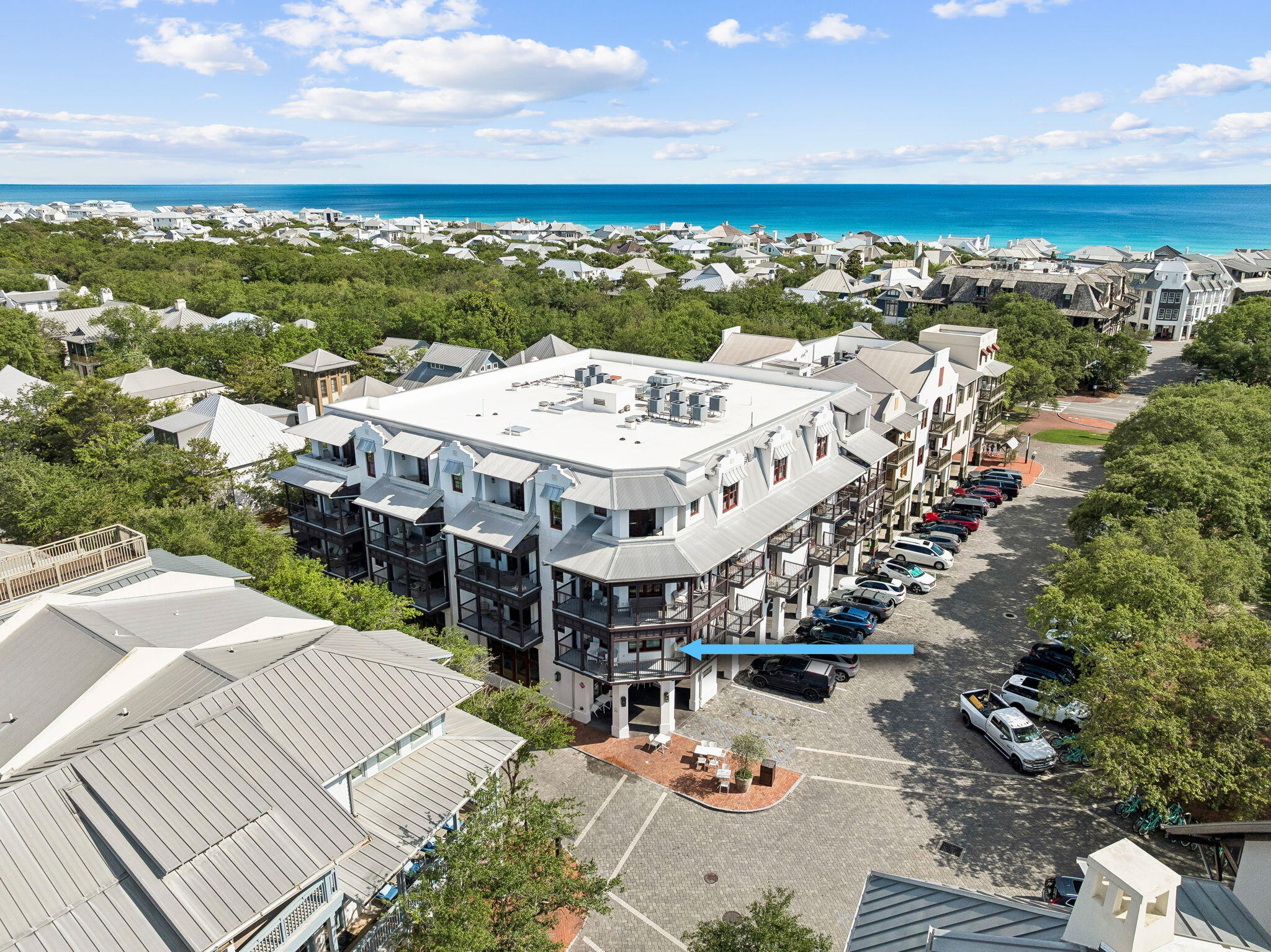 Welcome to ''On The Square'' at Georgetown Condos in Rosemary Beach. Built in 2018, this corner condo offers sophisticated coastal style with bold black-and-white wallpaper, deep green palm fabrics, and sleek silver lighting--evoking a Manhattan pied-à-terre with 100% Rosemary Beach charm.
Perched directly above the shops and restaurants of North Barrett Square, this home features three king bedrooms, each with a private covered balcony. A bonus bunk room with two twin bed and sliding barn doors providing extra privacy and flexibility. The spacious living area opens to a generous wraparound balcony overlooking the iconic cobblestone streets.
Just steps from four community pools and a short walk or bike ride to the pristine white-sand beaches. A proven vacation rental performer.