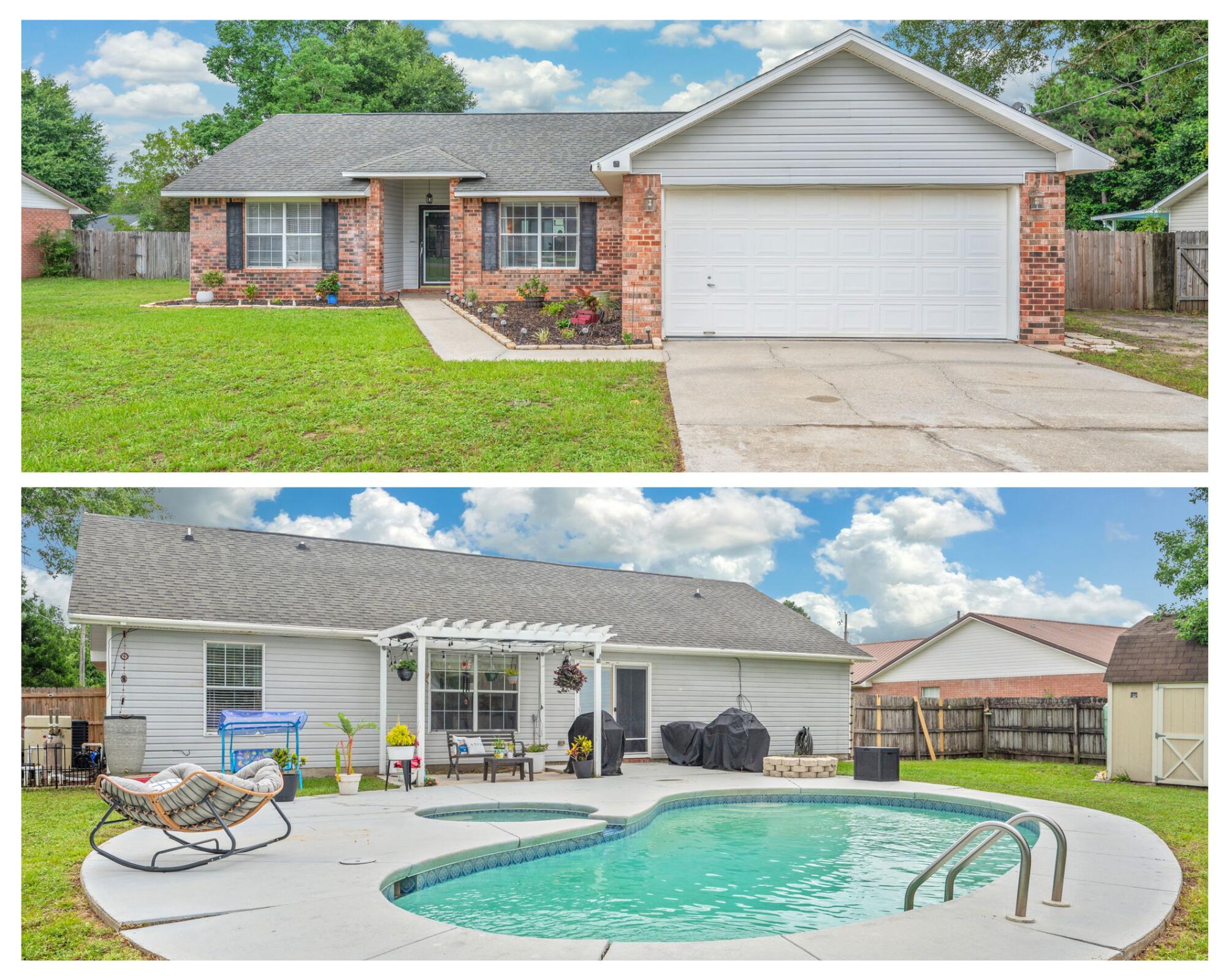 Want to spend your summer poolside? This 3/2 is a short commute to multiple military installations and the gorgeous Emerald Coast. Upon entering, you will be greeted into a spacious livingroom with stunning views of the backyard. Continue into the kitchen and you will find an island, a breakfast nook, ample cabinets and countertop space. The bedrooms in this home are all generously sized and this home also features a split floorplan. Head out back to enjoy your spacious backyard with in ground pool, covered patio, shed, and plenty of room to play!