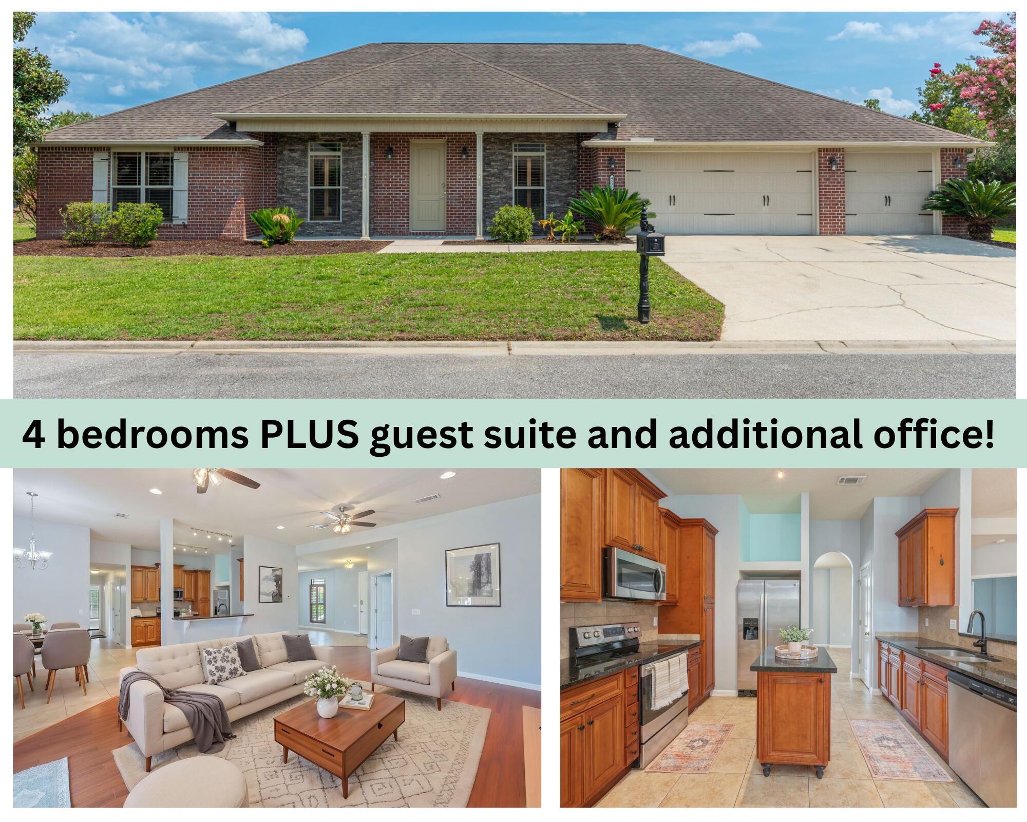 This one is tucked away on the southern edge of Crestview in Kaitlyn's Preserve just minutes from local military bases and I-10 for an easy commute. This 4 bedroom/4 bathroom home features a dedicated office, additional private guest suite, and a desirable open-concept layout perfect for everyday living and entertaining. As you enter, you're greeted by a large formal dining room that flows seamlessly into the expansive living room and well-appointed kitchen. The kitchen is a chef's delight, complete with granite countertops, abundant cabinet space, a center island, and a cozy breakfast nook for casual dining.
Every bedroom offers generous space and comfort, while the primary suite serves as a relaxing retreat with a double vanity, oversized walk-in closet, soaking tub, and a tiled tub/shower combination.
The private guest suite features its own bathroom, separate sink area, and exterior entrance for added convenience and privacy. Additional highlights include a dedicated home office, and a spacious 3-car garage, providing plenty of room for vehicles, storage, and hobbies.
This home offers the perfect combination of space, functionality, and flexibility.