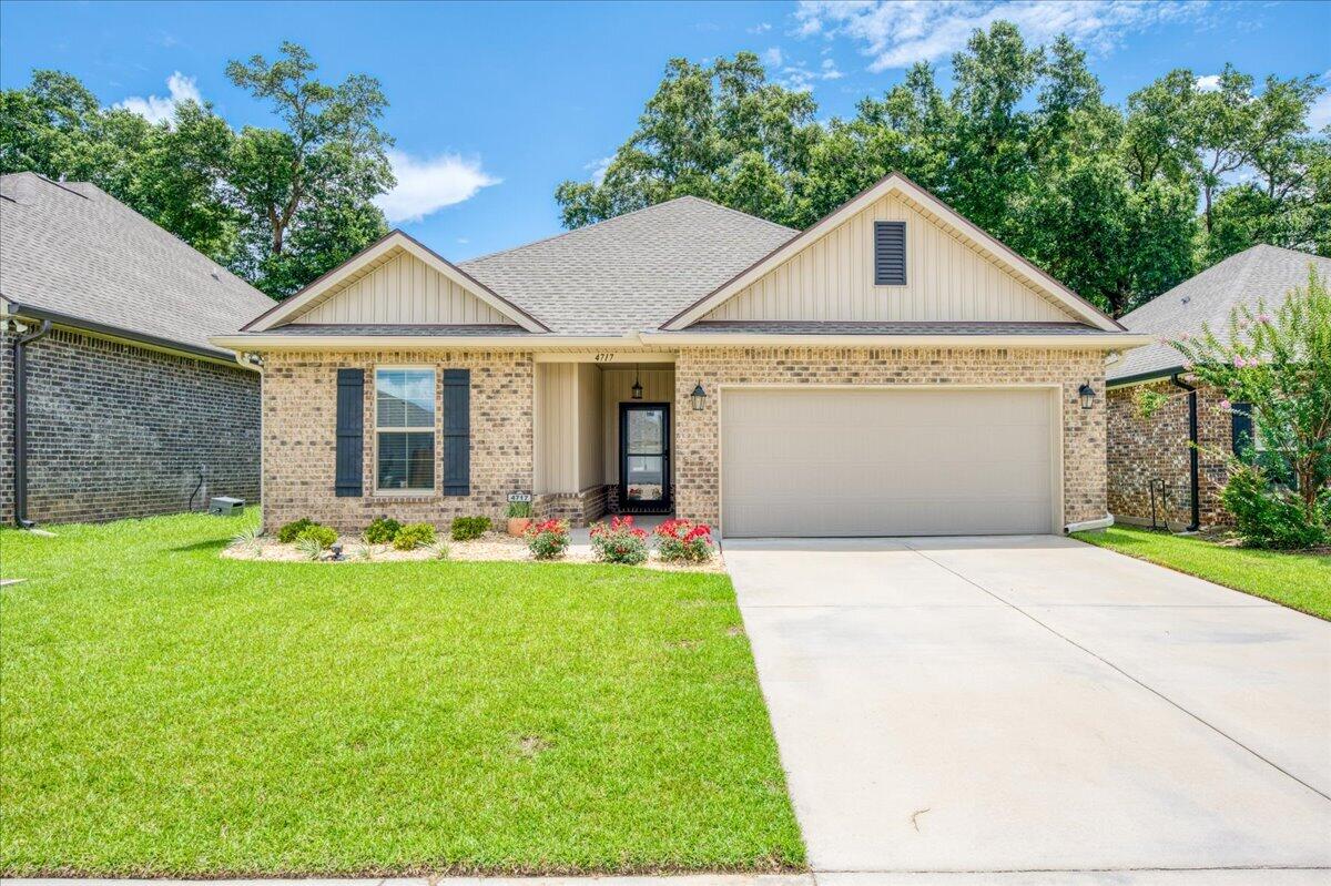 Welcome to this beautifully maintained 2023 built home, offering modern design, thoughtful upgrades, and a fantastic location in a charming sidewalk-lined neighborhood! Step inside to an open-concept living space filled with natural light and finished in a neutral color palette that complements any style and NO carpet! The stunning kitchen serves as the heart of the home, featuring a large quartz-topped island, stainless steel appliances, sleek backsplash, breakfast bar seating, and abundant cabinetry. The spacious primary suite offers plenty of room to unwind along with a well-appointed en-suite bath featuring a double quartz topped vanity, garden tub, separate walk-in shower, and a large walk-in closet. On the opposite side of the home, two additional bedrooms provide privacy and share a full bathroom with a tub/shower combination. Out back, the home has been enhanced with a covered patio complete with ceiling fans, creating the perfect space to relax and enjoy the outdoors. The fully fenced backyard features lush grass and offers a blank canvas for gardening, play areas, or future outdoor living additions! Storage is abundant throughout, with thoughtfully designed closets featuring durable wood shelving. Additional conveniences include a dedicated laundry room with its own storage closet, a partial plug in generator that will convey and a two-car garage. Located just off West Spencer Field Road, this home offers quick access to Pace, Pensacola, shopping, dining, and everyd ay conveniences, making this an ideal place to call home!