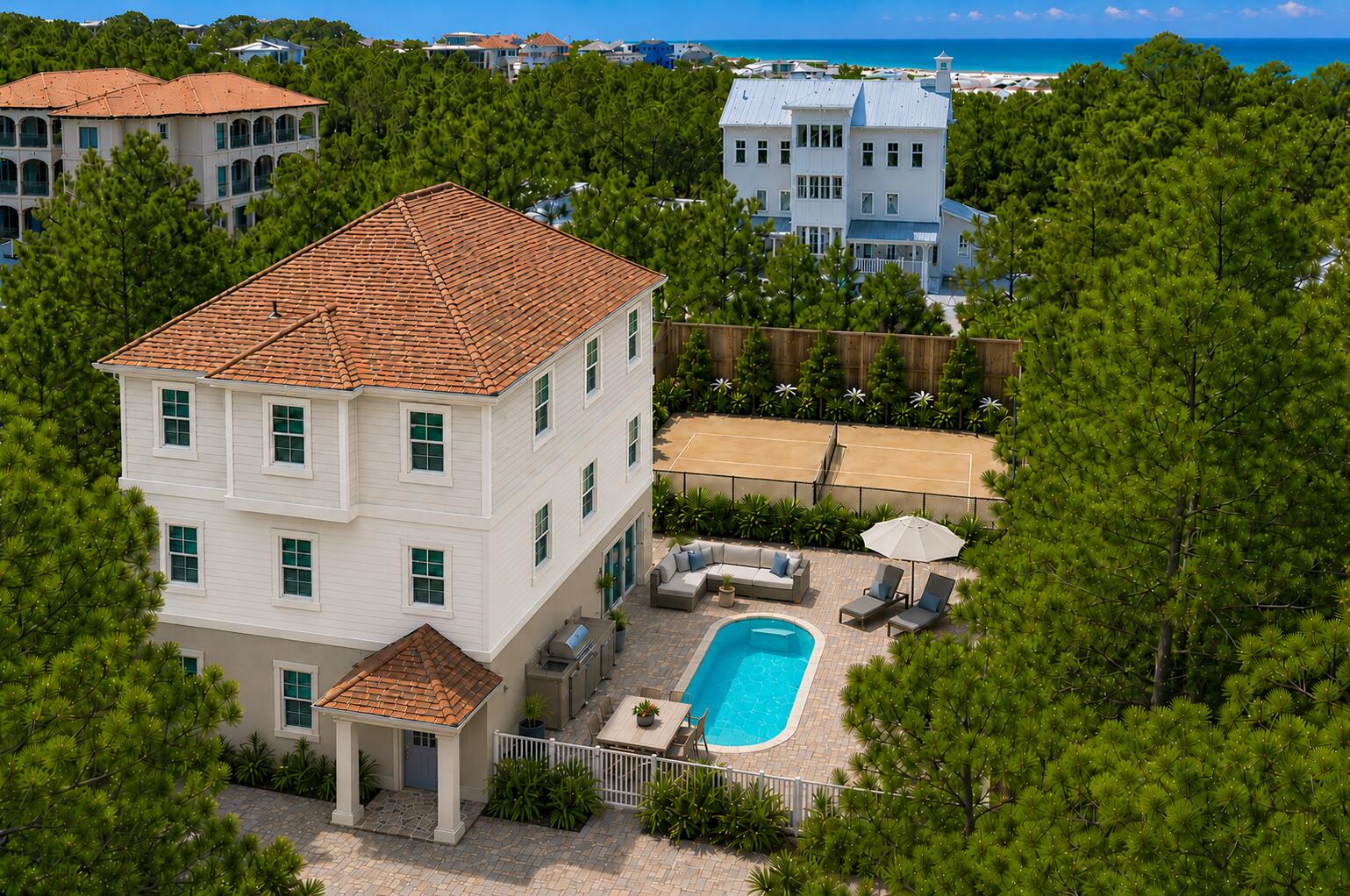Welcome to coastal luxury living at its finest! This stunning, fully renovated 5-bedroom, 4-bathroom retreat in sought-after Santa Rosa Beach is the ultimate Gulf Coast escape -- designed for those who refuse to compromise on anything. Step inside and glide effortlessly between floors aboard your own private in-home elevator, because life at the beach should feel this easy. The chef-ready kitchen and open-concept living spaces flow seamlessly to your private pool oasis with extra large deck and summer kitchen -- perfect for entertaining or simply soaking up that legendary Emerald Coast sunshine. When the mood strikes, grab a paddle and head to your own private pickleball court -- your new favorite obsession awaits. Then, ascend to the third floor and catch those breathtaking peek-a-boo Gulf views that will have your guests convinced you own a piece of paradise (you do!). Just moments from the sugar-white sands and crystal-clear waters of one of Florida's most coveted beach communities, this home is not just a residence -- it's a lifestyle upgrade. Whether you're seeking a full-time sanctuary, a lucrative vacation rental, or a weekend retreat the whole family will fight over, 3 Grande Ave delivers on every count. Homes like this don't wait -- schedule your private showing today! Final photos coming soon, home still receiving interior & exterior upgrades!