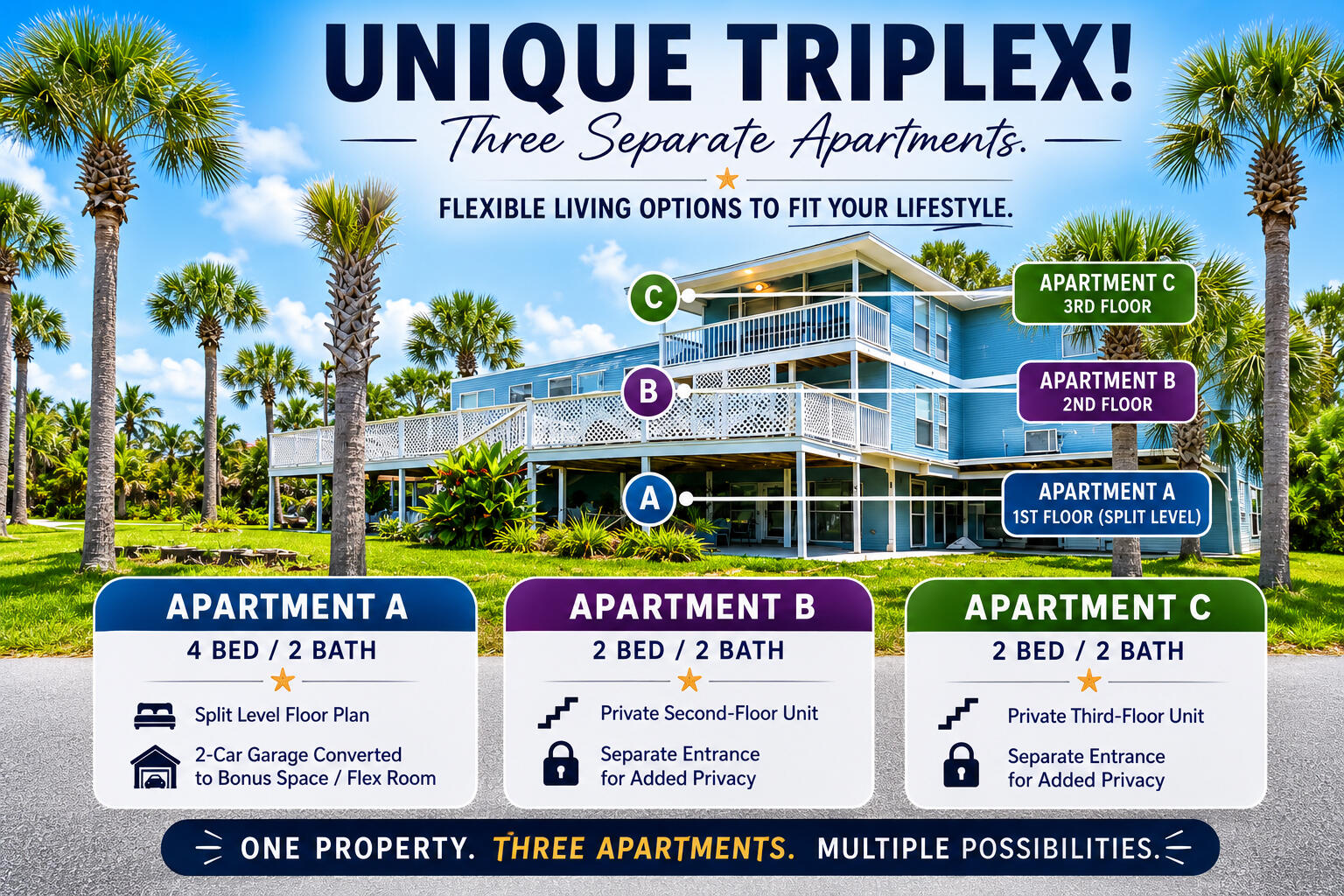 UNIQUE TRIPLEX OPPORTUNITY! This sprawling 8-bedroom, 6-bathroom PCB triplex offers a rare opportunity to own a spacious property with incredible income potential just blocks from the Gulf. Situated on a prominent corner, this unique property spans three separate parcels, giving you ownership of the entire corner--a rare feature that provides added space, flexibility, privacy, and long-term value.

Whether you're looking to expand your investment portfolio, offset your mortgage with rental income, or simply own a property with exceptional versatility, this offering deserves a closer look. It is the perfect opportunity for an investor with vision to bring this property's true potential to life.

The main floor is anchored by Apartment A, a spacious split-level 4-bedroom, 2-bath home featuring a beautifully updated kitchen with white cabinetry, granite countertops, stainless steel appliances, and a converted two-car garage that creates an expansive bonus/flex space. Apartment B is a private 2-bedroom, 2-bath unit on the second floor with its own separate entrance. Above, Apartment C occupies the third floor and offers another private 2-bedroom, 2-bath layout with elevated views and its own entrance. This rare opportunity is highlighted by its fantastic location in the South Lagoon. It sits just a few blocks from public beach access points off Gulf Drive, offering immediate access to the emerald waters and is even closer to the local boat ramp on the lagoon. No HOA! The expansive lot offers parking freedom, perfectly accommodating an RV, boat, or multiple vehicles. It is ideally positioned within a short stroll or golf cart ride to the marina area, beloved seafood spots, dining, and shopping options along Thomas Drive, seamlessly combining a neighborhood feel with effortless accessibility to the best local attractions. Schedule your showing today. A video tour is also available