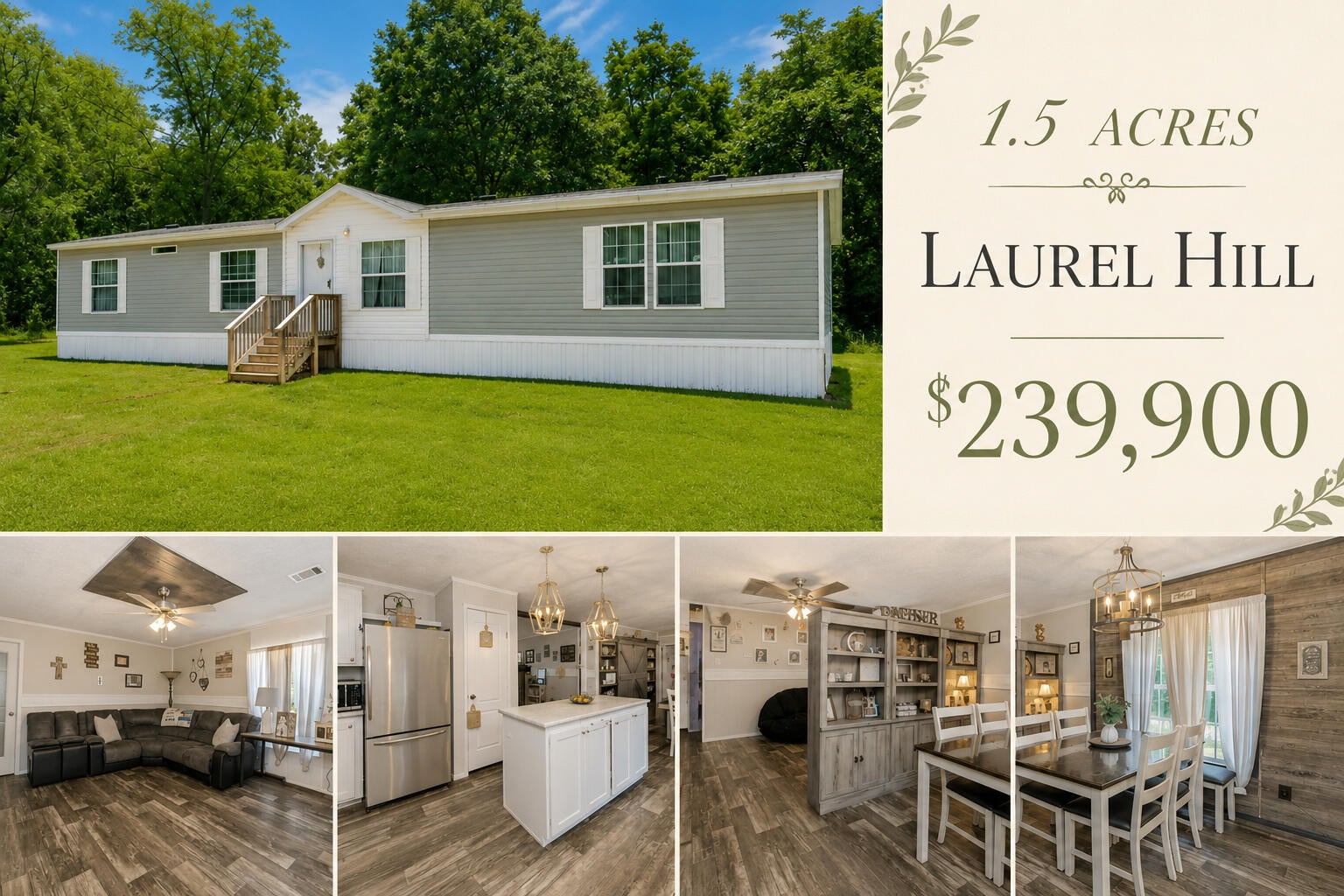 SELLERS WILL CONTRIBUTE UP TO $6,000 TOWARD BUYER'S CLOSING COSTS!! Ideally located just a few blocks from Laurel Hill School (K-12), this property offers the perfect blend of peaceful country living and everyday convenience. Newer 4-bedroom, 2-bath manufactured home on approximately 1.5 acres in the heart of Laurel Hill! Inside, you'll find a bright, farmhouse-inspired interior featuring neutral tones, durable luxury vinyl plank (LVP) flooring, and an open-concept design. The spacious living room flows seamlessly into the beautifully appointed kitchen, complete with a large center island, stylish pendant lighting, abundant cabinetry, and an adjoining dining area--perfect for gathering with family and friends. A second living area provides flexible space for a media room, home office, playroom, or additional entertaining. The spacious primary suite serves as a private retreat with a relaxing garden tub, dual vanities, a separate shower, and generous closet space. Three additional bedrooms offer plenty of room for family, guests or hobbies. Enjoy modern finishes throughout and ample outdoor space with approximately 1.5 acres to make your own. Whether you're looking for room to spread out, start a garden or simply enjoy the peaceful surroundings...this property is ready to welcome you home !! Please note: Seller will retain approximately 2 acres, including the older white home located on the north portion of the property. Sale is contingent upon a successful lot split.