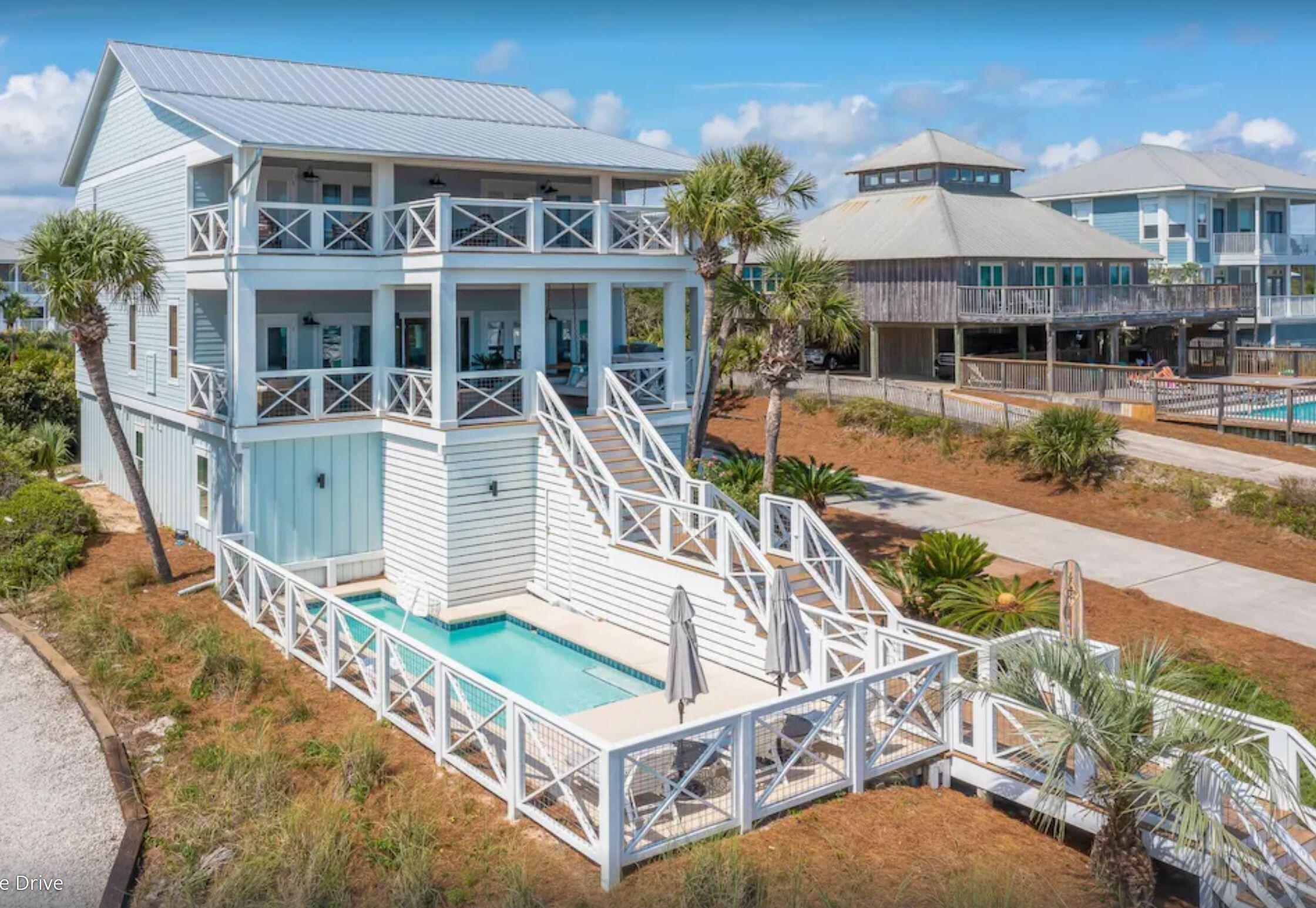 WELCOME HOME to your quintessential Beach Retreat. BAHAMA BREEZE has it all: panoramic Gulf views, unbelievable living, dining, entertaining, relaxing: Gulf Coast living at its finest. Just steps to boardwalk leading to white sand & emerald water. Renovated with the utmost sophistication while maintaining the relaxed coastal vibes. Excellent investment opportunity. Bahama Breeze sleeps 25 but with a thoughtful floor plan, all guests have privacy and plenty of outdoor relaxation. Make forever memories in the spacious open concept living, dining, kitchen area with spectacular Gulf views, a gourmet Chef's kitchen, dining al fresco on the fantastic balcony or just being with friends.  Wonderful outdoor areas including heated pool and multiple porches provide relaxation after a day in the Gulf. The first floor's casual living room is a great spot to unwind or gather before heading out to explore 30A. An air hockey table, games, and TV will keep all your guests entertained - even on those rare rainy days. Past the living room, two guest bedrooms share a bathroom with shower. One has 2 queen beds, and the other has 2 twin-over-twin bunk beds. Guests will appreciate the convenience of a kitchenette and laundry room on the first floor.

On the second floor, guests can choose between a bedroom with 2 twin beds perched above a king bed with an en-suite bathroom with shower or a guest bedroom with full-over-full bunk beds. The bunk room bathroom has a shower and is in the hall outside of the bedroom. A laundry room has a washer, dryer, and a second refrigerator for all those beach drinks. A bright and airy open-concept living and dining room overlooks a large galley-style kitchen. The kitchen's premium stainless-steel appliances, dual ovens, wine cooler, and long marble countertops provide ample space for everyone to mingle and share stories of their wonderful day they have had at the beach! A tabby fireplace surrounded by plump sofas is an ideal gathering spot for afternoon cocktails. Enjoy toasting sunset from an outdoor living room while barbecuing at the grilling station. A bed swing and bright, cheerful cushioned chairs frame the stairs that lead down to the beach access and pool area.

On the third floor you will find 3 primary suites. The first primary suite has a king bed with a full sleeper sofa, flat-screen TV, desk, and en-suite bathroom with a soaking tub and separate shower. Double doors open onto a balcony. Two additional primary suites also have king beds with full sleeper sofas and en-suite bathrooms with showers only. The balcony offers a more private space to sunbathe and breathe in the fresh, salt air. Recline on the swinging bed or snuggle up for a late-night chat underneath the stars.

After a sunny day at the beach, come home to a relaxing float in your private pool. Outdoor spaces provide ample room for privacy or large gatherings. 2nd floor balcony is 22x36 with grilling station, large dining area and several areas for lounging and enjoying the gorgeous Gulf views. 3rd floor balcony is 21x40 and offers a quiet and relaxing retreat for enjoying those spectacular sunsets on the Gulf.

Premier location in Grayton Beach with shopping, restaurants and all the fun of Scenic 30-A just a walk or bike ride away. Gulf Trace is bordered by Grayton State Park, one of the area's most prized and renowned parks. The best of both worlds with the emerald water, white sands of the Gulf and the scenic state park and rare Coastal Dune Lake. Start living your DREAM where every day is a weekend. All information deemed correct but should be verified by Buyer.