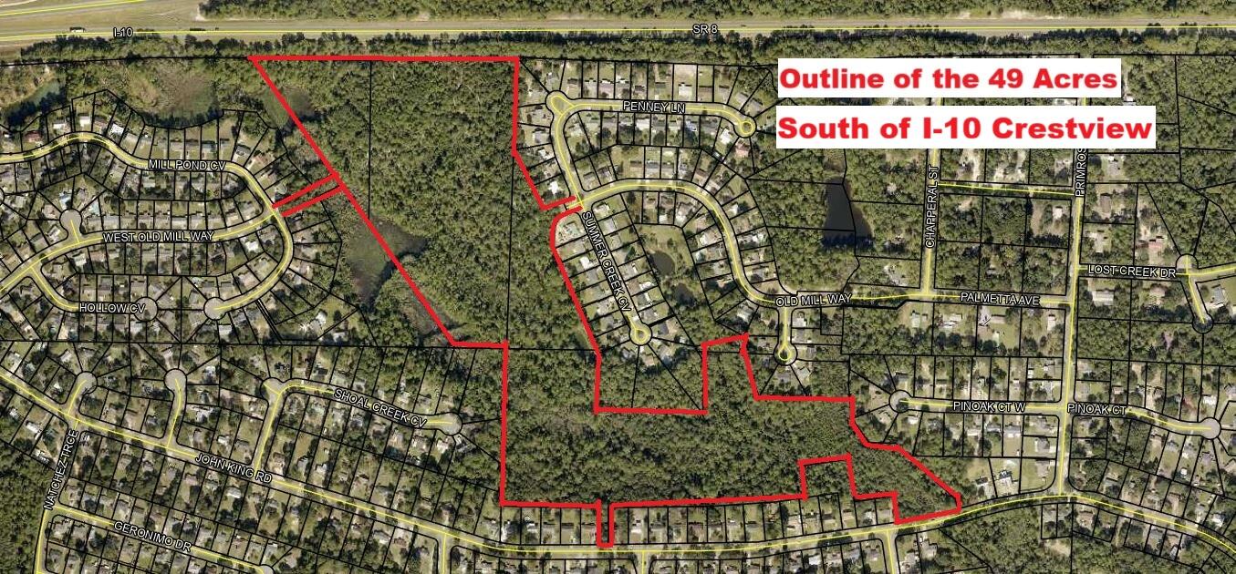 SOUTH OF I-10 IN CRESTVIEW - 49 ACRES WITH MULTIPLE ACCESS POINTS. THIS IS A VERY RARE FIND! 4 Separate Parcel ID #s. Paved Road Frontage and Access Roads in different locations to include the following locations between 356 & 358 John King Road, the back part of STONEBRIDGE SUBDIVION, between 2822 Penny Ln & 4820 Summer Creek Cv. There is a city access to the Property on West Old Mill Way between 101 Mill Stone Cv & 101 Mill Pond Cv. The Parcel ID Numbers are as follows: Parcel 1 ID # 33-3N-23-0000-0001-0000, Parcel 2 ID # 28-3N-23-0000-0018-0000, Parcel 3 ID # 28-3N-23-0000-0017-0000, Parcel 4 ID # 28-3N-23-0000-0017-0020. Buyer to do the due diligence with the intended use of the property, Okaloosa County Growth Management and the City of Crestview Building - Planning - Development Offices.  Department. The seller has never occupied the property. The 22.24 Acre Parcel on John King Road has a New Boundary Survey. The buyer is responsible to satisfy themselves with any information they deem important. The due diligence period should be completed within 30 days.