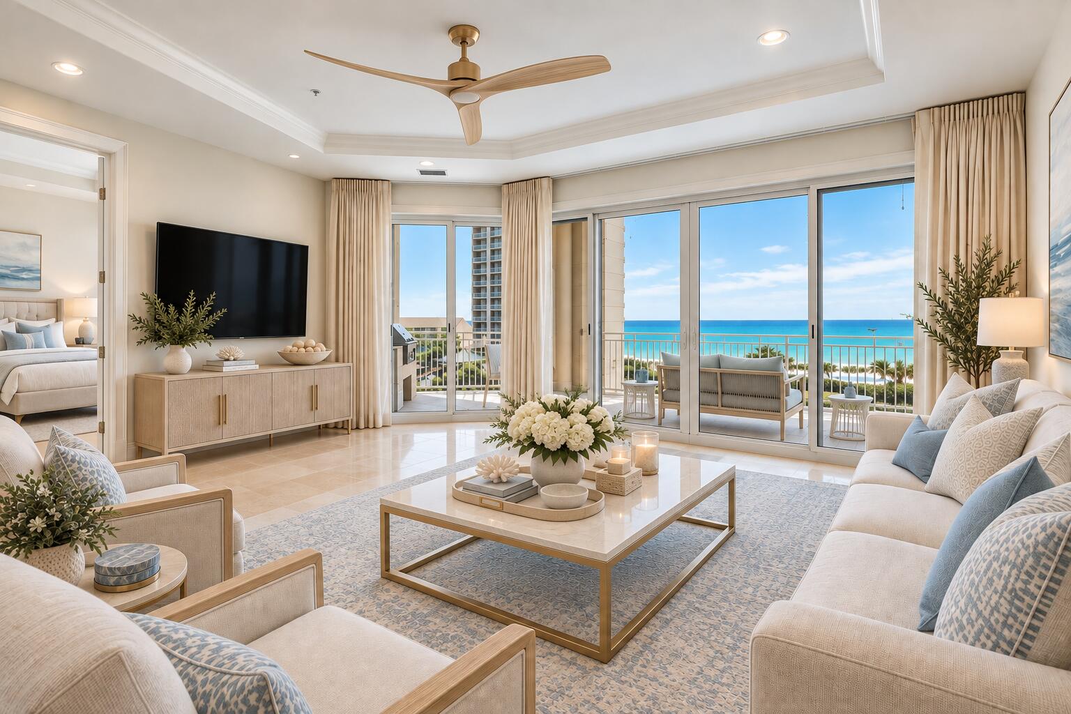 Discover an exceptional opportunity at Grand Dunes with the best-priced residence currently offered in this exclusive Gulf-front community. Designed for luxury primary and second-home living, Grand Dunes does not allow short-term rentals, preserving a more private and refined residential atmosphere. This spacious 3-bedroom, 3-bath residence showcases sweeping Gulf views, polished travertine floors, a desirable split floor plan, and semi-private elevator access directly to the residence.

The open living and dining areas feature elegant trayed ceilings and flow seamlessly into the chef's kitchen, where Gulf views complement abundant cabinetry, stainless steel appliances, gas range, ice maker, pantry, breakfast bar, and generous island. Beyond, an expansive tiled balcony creates an incredible extension of the living space with ceiling fans, hurricane shutters, and the rare luxury of built-in gas grills.

Wake to Gulf views from the spacious primary suite, complete with two walk-in closets and direct balcony access for morning coffee overlooking the water. The ensuite offers a granite vanity, tiled walk-in shower, and Jacuzzi tub to unwind in. Two additional bedrooms offer privacy for guests, including a Gulf-view suite with private bath.

Grand Dunes offers an exceptional collection of resort-style amenities, including two pools - one directly Gulf-front, two hot tubs, a Gulf-view fitness center & an elegant owner's lounge. The owners' lounge is complete with a kitchen and pool table, while a commercial ice maker on the pool deck makes beach days effortless. Grand Dunes is a private, gated community offering covered garage parking with two spaces per residence, overflow parking, beautifully landscaped grounds with cascading waterfalls, tennis and pickleball courts, two overflow guest suites, and deeded beach access. Seasonal beach service is also available, with the option for custom beach chairs.
From shimmering white sands and emerald-green waters to unforgettable sunsets, Grand Dunes delivers an elevated Gulf-front experience in the heart of Miramar Beach.