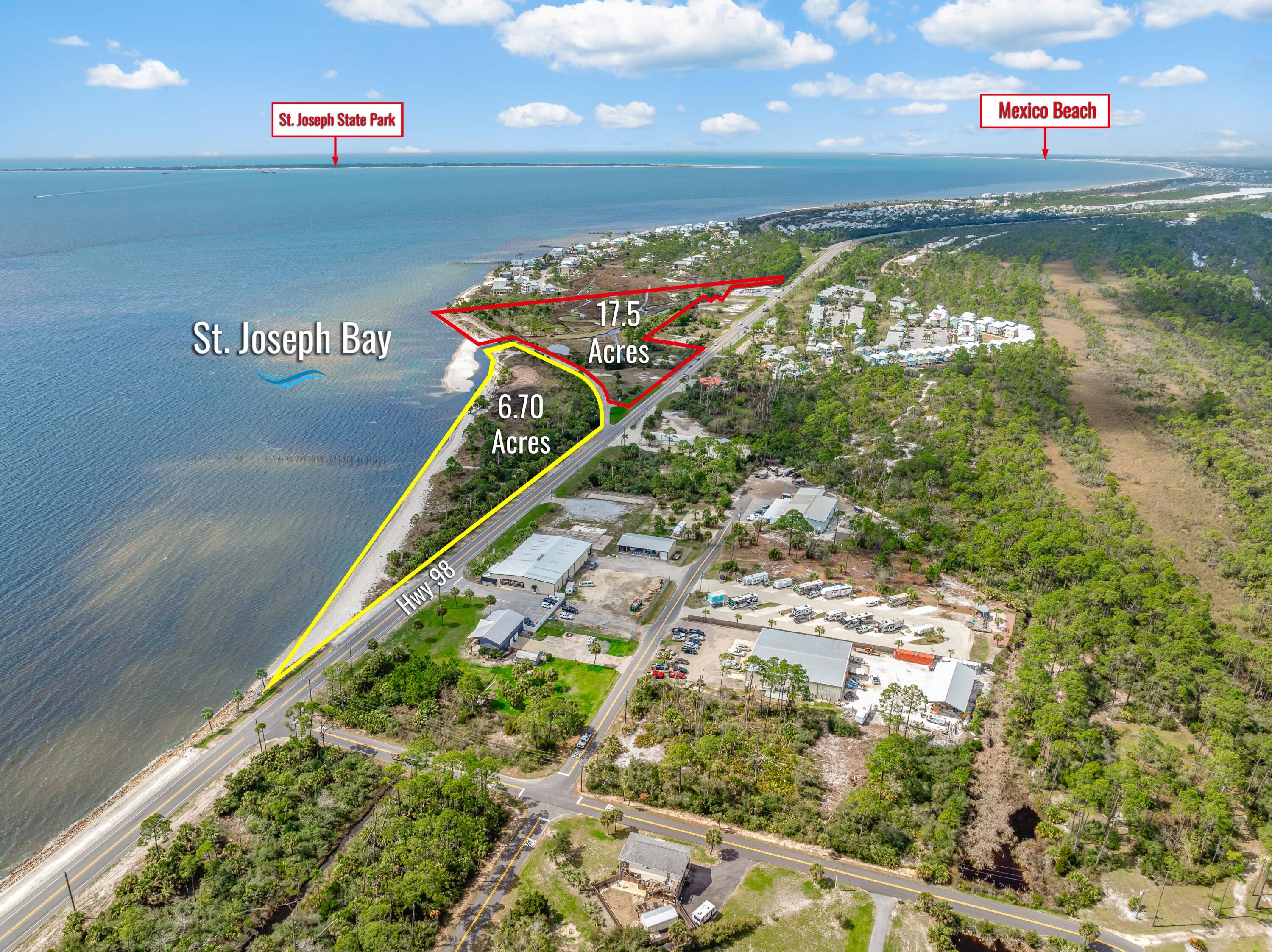 Unlock the full potential of this prime 24.2-acre development opportunity perfectly positioned between the thriving coastal towns of Mexico Beach and Port St. Joe. Spanning seven individual parcels, this unique offering includes both bay front and highway frontage components, creating an unmatched investment or development opportunity in one of the Florida Panhandle's fastest-growing regions.'Bayside at Port St. Joe' is a stunning 6.7-acre Bay Front tract featuring 14 planned residential lots--a rare chance to build in a highly desirable waterfront setting with panoramic views of St. Joe's Bay. The additional 17.5 acres is a (PUD), a mixed-use commercial & residential project with frontage along Highway 98, a Bayfront 3-story, 30-unit condo building, a 100 room, 3-story Hotel, See More