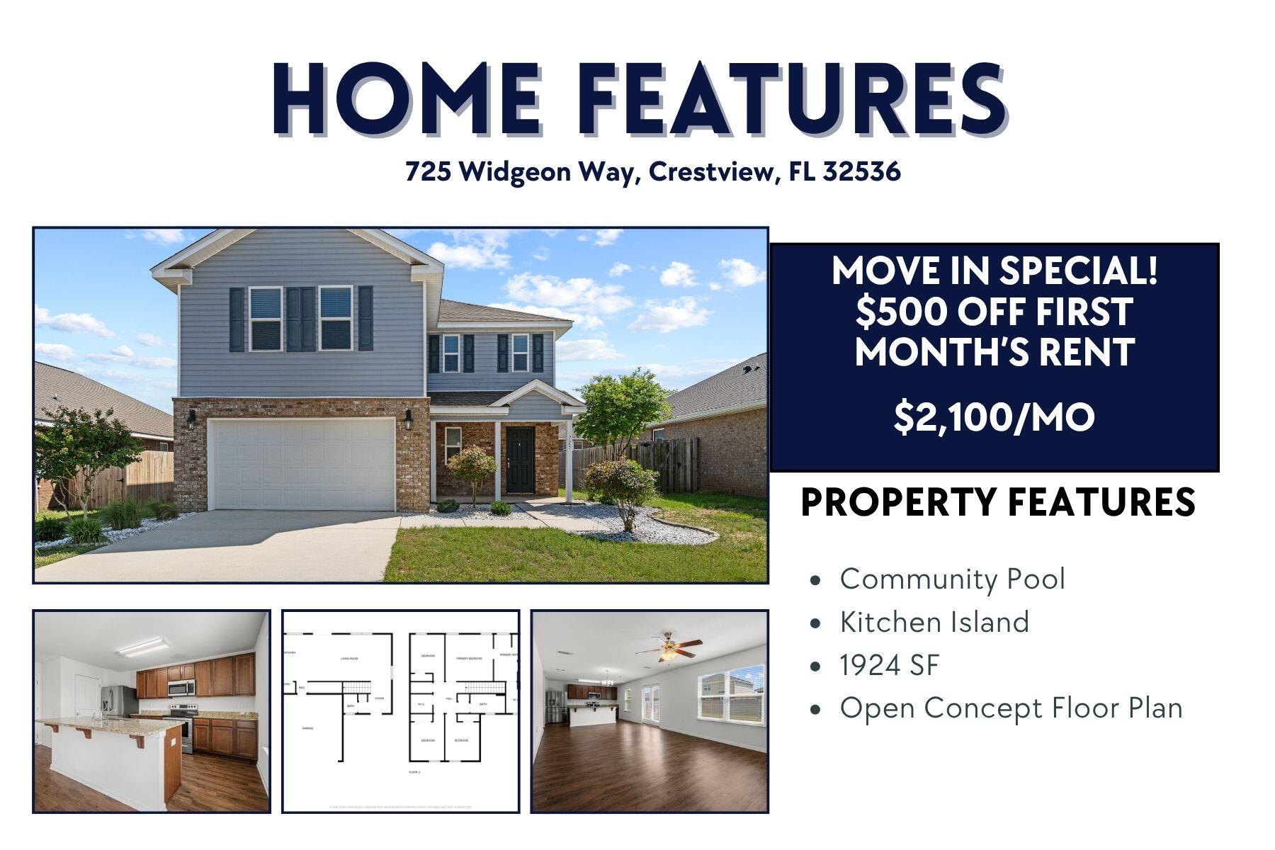 AVAILABLE... July 28, 2026. 4bd/2.5bth located in South Crestview. MOVE IN SPECIAL: $500 off First Month's Rent!

Home boasts an open concept living area.  The 4 bedrooms allow ample room for guests or your growing family. The back yard offers a privacy fence and ample room for your outdoor activities.  This beautiful community offers a pool, clubhouse, playground, and dog park!

NO smoking. 600 minimum FICO credit score required in addition to meeting rental criteria. Pets allowed upon approval with a non-refundable pet fee.

All applicants are required to complete an application on https://onefamilypropertyservices.petscreening.com/
regardless of if they own a pet or not.  Applicants with an ESA are also required to complete the application.
**Please note, only one pet profile per pet is required.

This property is a part of a Homeowners Association and tenants will be required to adhere to certain rules and restrictions.  If you have any questions, you may request to view the HOA Covenants prior to application. 

** Fees Required once an application is approved include, but may not be limited to: Security Deposit, Non-Refundable Fees (cleaning and rekey), $20 Certified Mail Fee, and Pet Fees (when applicable).