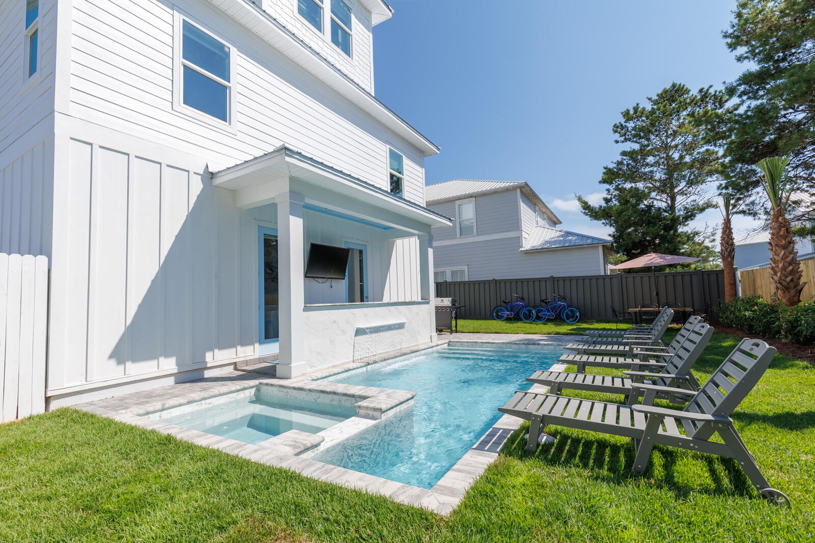 Beautiful income-producing property with approximately $160K in confirmed 2026 bookings, with open dates still available and 2027 bookings already underway! 2025 Built - New Luxury Vacation Rental in The Villas of Frangista with projected gross revenue $165,000- $200,000! Located on a prime corner lot in the gated community of The Villas of Frangista, this stunning 3-story luxury home is delivered turn-key and fully furnished--perfect for a high-performing vacation rental or private coastal retreat.
Designed with both comfort and style in mind, the home features a spacious open-concept living and dining area, a chef's kitchen with a large island, front and back porches, a balcony, and a private heated pool and spa with outdoor waterfall feature for ultimate relaxation.
With 6 generously sized bedrooms, each with its own beautifully appointed private bathroom, the layout offers one bedroom on the first floor, four on the second,