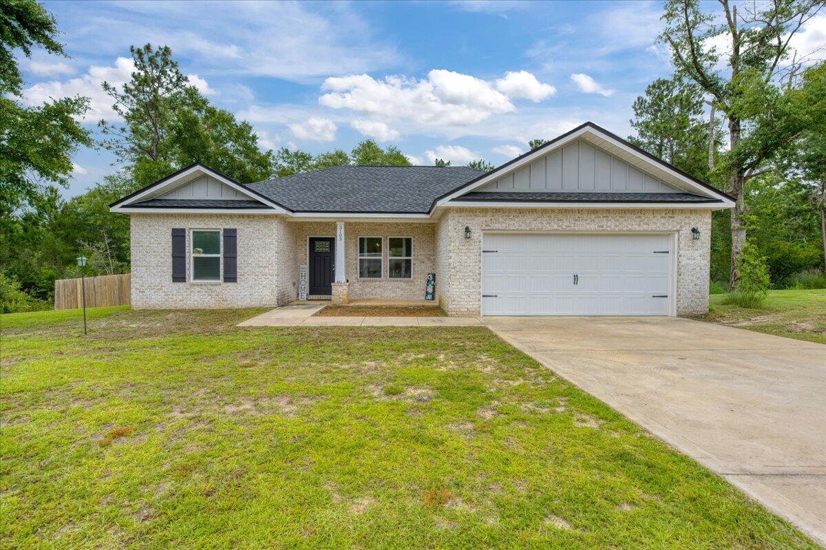 Welcome to this newer 3-bedroom, 2-bath home nestled at the end of a quiet cul-de-sac in North Crestview's Majestic Oaks Vineyards community. Situated on a half-acre lot with no neighbors on one side and generous space between each home, this is the kind of street where kids ride bikes after school and you actually know your neighbors privacy and community all at once. Fenced in back yard. Not all of the .5 acres is fenced. The all brick exterior opens into a spacious open concept floor plan with 10ft ceilings in the main living area, Luxury Vinyl Plank flooring throughout the common spaces, and carpet in the bedrooms. The kitchen is built to impress quartz countertops, white shaker cabinets, stainless steel appliances, a work island with bar seating, and a corner pantry, all flowing seamlessly into the dining and living areas. The owner's suite features double vanities, and a walk-in closet. A large laundry room and double-pane windows add everyday functionality, and a charming front porch gives you the perfect spot to enjoy a quiet morning coffee.  Conveniently located north of I-10 with easy access to Okaloosa County schools.