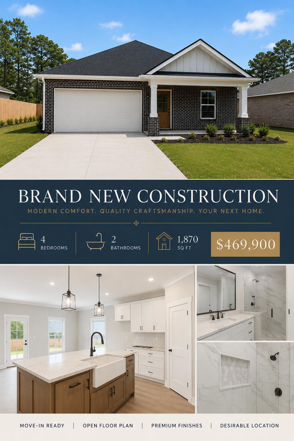 Builder Incentives Available! Seller offering 2% closing cost assistance PLUS builder-paid doc stamps, title, and survey! Estimated June completion on this stunning new construction home featuring 4 bedrooms, 2 bathrooms, and 1,870 square feet of thoughtfully designed living space.

Built with style and functionality in mind, this all-brick home showcases luxury vinyl plank flooring throughout, crown molding, tray ceilings, recessed lighting, modern 2-panel doors, and designer-selected finishes that create a clean, upscale aesthetic.

The open-concept floor plan is centered around a beautifully designed kitchen featuring quartz countertops, soft-close cabinetry and drawers, stainless steel appliances, subway tile backsplash, pendant lighting, and a large center island with farmhouse sink--perfect for entertaining, gatherings, or everyday living.

The spacious primary suite offers a private retreat with dual vanities, quartz countertops, a fully tiled walk-in shower, and a generous walk-in closet. Additional bedrooms provide flexibility for guests, office space, or growing households, while the secondary bath continues the home's elevated finish selections.

Enjoy relaxing mornings on the covered front porch, a private fenced backyard, and the convenience of a 2-car garage. Located in a desirable neighborhood with easy access to shopping, dining, schools, military bases, and the Emerald Coast's beautiful beaches. The open-concept layout effortlessly connects the kitchen to the living space, creating an inviting atmosphere for both quiet nights and lively entertaining.

The primary suite is your private retreat, complete with a spa-like ensuite boasting dual vanities, quartz countertops, a fully tiled walk-in shower, and a generously sized walk-in closet. Guest bedrooms are thoughtfully designed with ample space and natural light, while the secondary bath features cohesive, elevated finishes and a tub/shower combo.

Step outside to enjoy a covered front porch, 2-car garage, and a private backyard--perfectly complemented by a builder-included privacy fence.