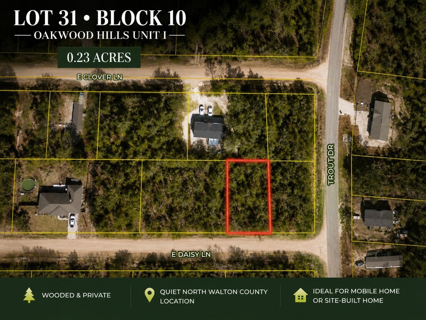 BACK ON THE MARKET-Previous buyer unable to complete the purchase. 

Looking for an affordable piece of land in DeFuniak Springs? This vacant Oakwood Hills lot offers the opportunity to own land near small-town conveniences while remaining approximately 9 miles from historic downtown DeFuniak Springs. 15 lots available that can be sold separately or together.

Imagine the possibilities for a future small home, traditional residence, or manufactured/mobile home, subject to county requirements, permitting, utilities, and site suitability. Downtown offers beautiful Lake DeFuniak with an approximately 1.2-mile paved walking trail, pier, amphitheater, local comfort food, and the Walton County Heritage Museum. Shopping, schools, and gas stations are just minutes away, while Starbucks, Walmart Supercenter, and HCA Florida Twin Cities Hospital are approximately 10 minutes away. An affordable opportunity to buy now and explore your future options. Electric service provider confirmed as CHELCO and water provider confirmed as Mossy Head Water Works. No HOA.