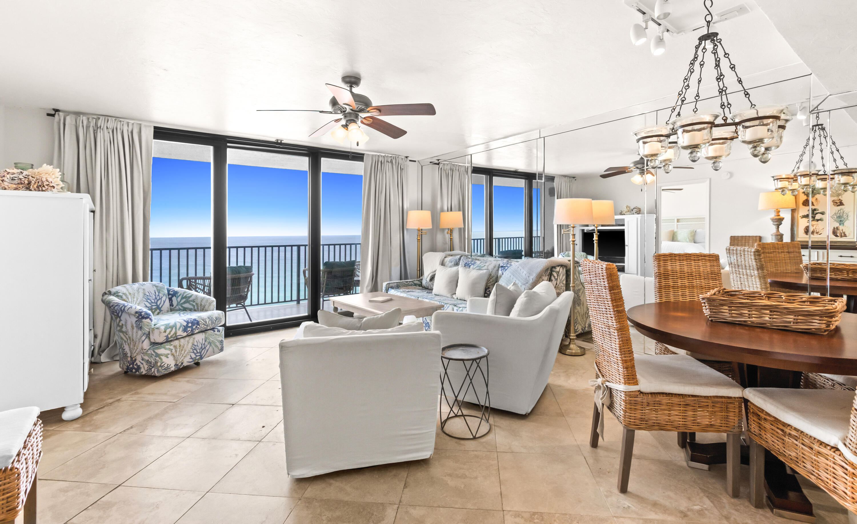 Welcome to the serene beauty of unit 1304 in the beautiful property of One Seagrove Place.  Recently refurbished, this property offers an open and inviting floor plan, creating a warm and welcoming atmosphere. The upgraded kitchen allows for more than one chef in the space and is appointed with granite countertops and GE stainless appliances.  Gorgeous 18'' Saturnia tile on the diagonal flows throughout this lovely condominium.  New front door and north window just recently replaced.  Knock-down ceilings add to the contemporary and clean look. One Seagrove Place is a beautiful and well-maintained property with a brand new Gulf front fitness center and planned pool improvement project to take place in late 2026. Expanded decking, negative edge entry, and expanded grilling area will be welcome and valuable amenities for the property.