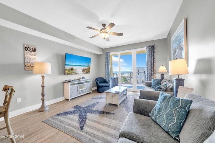 Calypso Tower III, Unit 3-406 -- Gulf-Front Luxury in the Heart of PCB! Experience elevated coastal living at Calypso Tower III, the newest luxury high-rise in Panama City Beach. Priced to sell, this gorgeous 3-bedroom, 2-bath condo offers west-facing Gulf views from the living room, dining area, kitchen, and primary bedroom, plus a huge 242 square foot private balcony that serves as the best seat in the house for morning coffee, sunset cocktails, or PCB's evening fireworks. The interior is professionally designed and completely turnkey, fully furnished and move-in ready, with quartz countertops and stylish coastal finishes throughout. Calypso Tower III, built in 2020, delivers a true resort experience with a seasonal heated pool, hot tub, fire pit, two tiki bars, nine rentable poolside cabanas, a fitness center, and an on-site café and restaurant. Parking is secure in a gated garage, and beach access is shared with Calypso Towers I and II. The location can't be beat: owners and guests can walk to Pier Park's more than 125 shops, restaurants, and the Grand IMAX Theater, with Aaron Bessant Park sitting right across the street. No car needed. The condo comfortably sleeps ten, with a king bed and en-suite bath in the primary bedroom, a second king bedroom, a guest room with a full-over-full bunk bed, and a queen sleeper sofa in the living room.