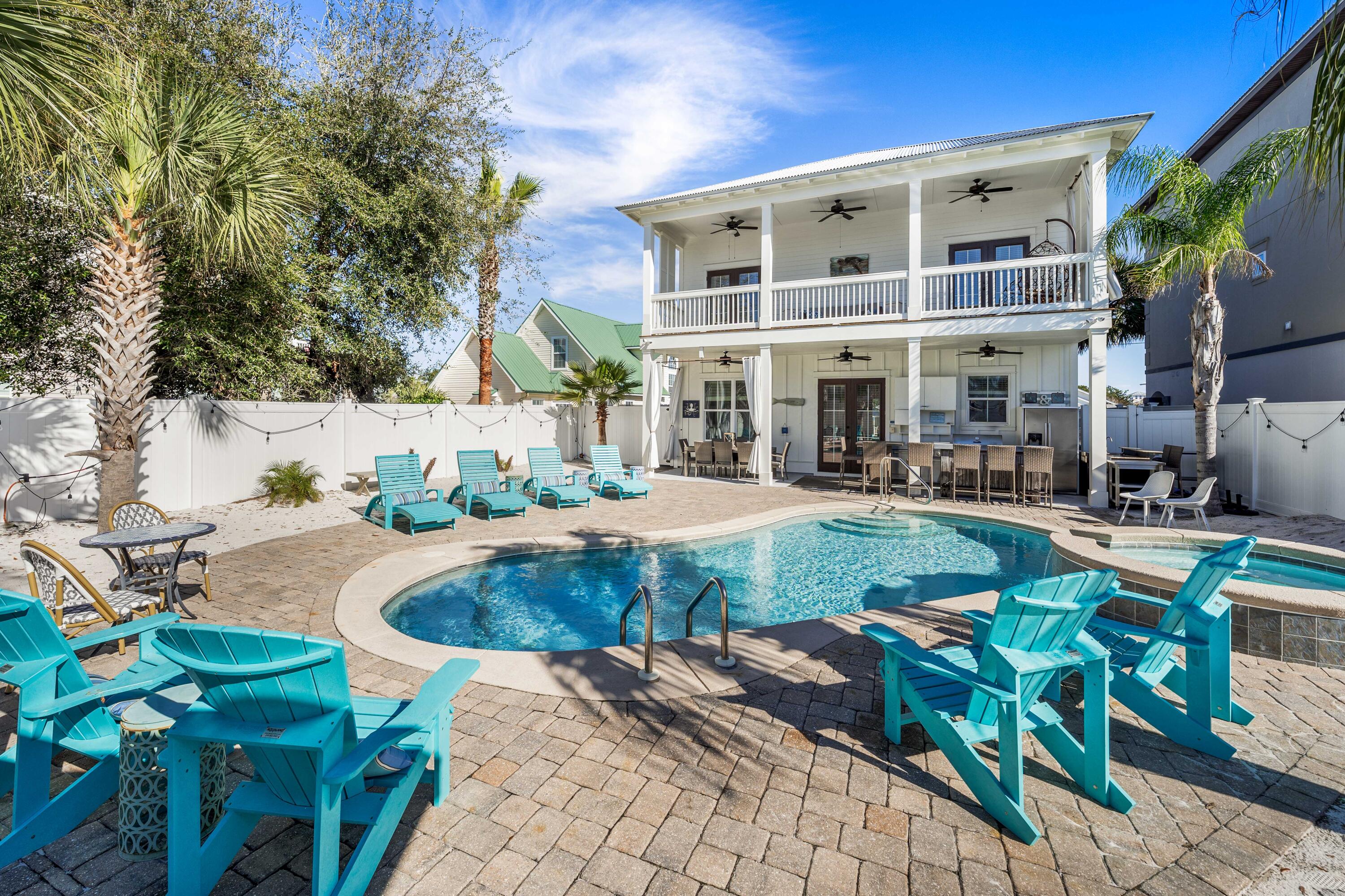 Destined to be a rental powerhouse in much-desired Crystal Beach, this home is just blocks from snow-white beaches. Lightly rented and much improved by the current owners, this beautiful, 2016 built, recently updated and furnished home is clean-as-a-whistle. With an open floor plan, this house has all the features you need for family time, hosting get-togethers or vacation rentals! The stunning finishes of this SqFt 6 bed/6 bath home included shiplap in a coastal cottage design.

The resort-style backyard oasis features a pristine heated pool, hot tub, and hot/cold shower. The custom yard comes complete with a grill master's kitchen, cabana, Plenty of Parking and places to Store Owner Gear.
