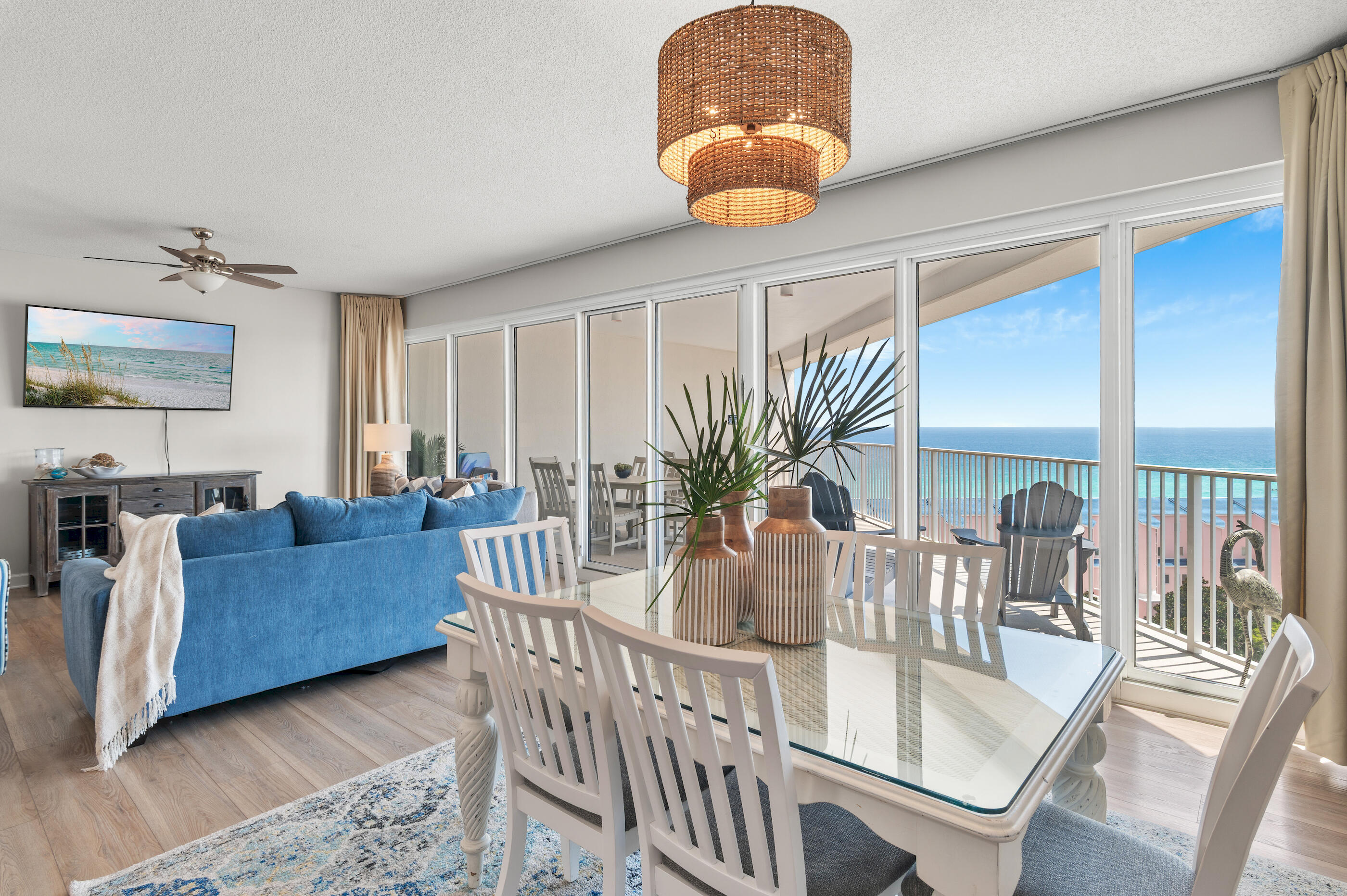 Enjoy breathtaking Gulf views from this beautifully appointed 8th-floor beachfront condominium at The Tides at Tops'l Beach & Racquet Resort. With its desirable west-facing orientation, this two-bedroom, two-bath residence offers spectacular sunsets and an exceptional coastal lifestyle.

The open-concept floor plan features 9-foot ceilings and floor-to-ceiling sliding glass doors that fill the living and dining areas with natural light while showcasing stunning Gulf views. The well-equipped kitchen flows seamlessly into the main living space, creating an inviting setting for relaxing or entertaining.

Step onto the spacious private balcony to enjoy refreshing Gulf breezes, panoramic shoreline views, and unforgettable sunsets. The split-bedroom layout offers added privacy, with two generously sized bedrooms, each featuring a king-sized bed and convenient access to a full bathroom. A full-size washer and dryer add everyday convenience.

Whether you're looking for a vacation retreat, second home, or investment property, this beachfront residence offers the perfect blend of comfort, style, and resort living. Residents and guests of Tops'l Beach & Racquet Resort enjoy an outstanding collection of resort-style amenities, including 600 feet of private sugar-white beachfront, multiple swimming pools, a state-of-the-art fitness center, 12 world-class Rubico tennis courts with on-site tennis professionals, racquetball courts, steam and sauna rooms, a whirlpool spa, massage services, and fitness classes. The gated community also features on-site dining, a beachfront bar, and 24-hour security, offering the ultimate coastal lifestyle in one of Miramar Beach's premier resort destinations.