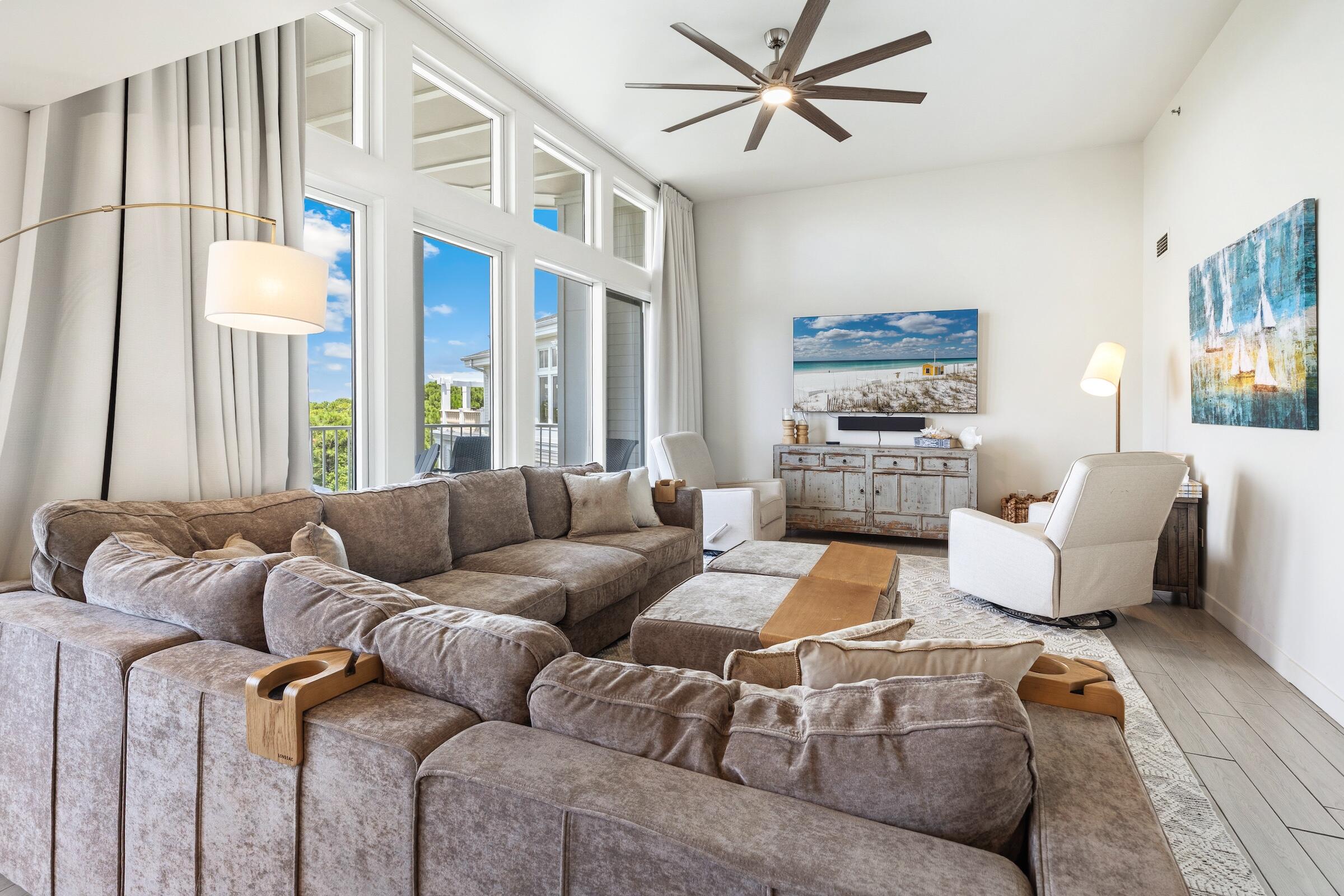 Experience elevated coastal living in this exceptional fifth-floor penthouse at Bahia in Sandestin Golf and Beach Resort. Offering expansive Choctawhatchee Bay views from two covered balconies and nearly every room, this spacious residence combines refined interiors with the relaxed luxury of resort living.
Inside, an inviting open-concept living area features soaring ceilings, abundant natural light, and beautiful bay views. The chef's kitchen is appointed with quartz countertops, a tiled backsplash, stainless steel appliances, and custom cabinetry, while the adjacent wet bar is enhanced by a new wine refrigerator and ice machine--perfect for entertaining. The residence has been thoughtfully refreshed with new furnishings throughout, updated lighting and bathroom fixtures, and stylish new vanity mirrors.
The primary suite offers breathtaking bay views, private balcony access, and a spa-inspired bathroom with an oversized walk-in shower and custom walk-in closet. Two additional bedrooms each feature their own bay views and private bathrooms, while the den/4th bedroom provides additional flexibility for guests or family. One bedroom also features custom-built bunk beds, offering a versatile sleeping arrangement for family and guests.
With its impressive views, generous living spaces, thoughtful updates, and prime location within Sandestin Golf and Beach Resort, this spectacular Bahia penthouse offers an exceptional opportunity to enjoy the best of the Emerald Coast.