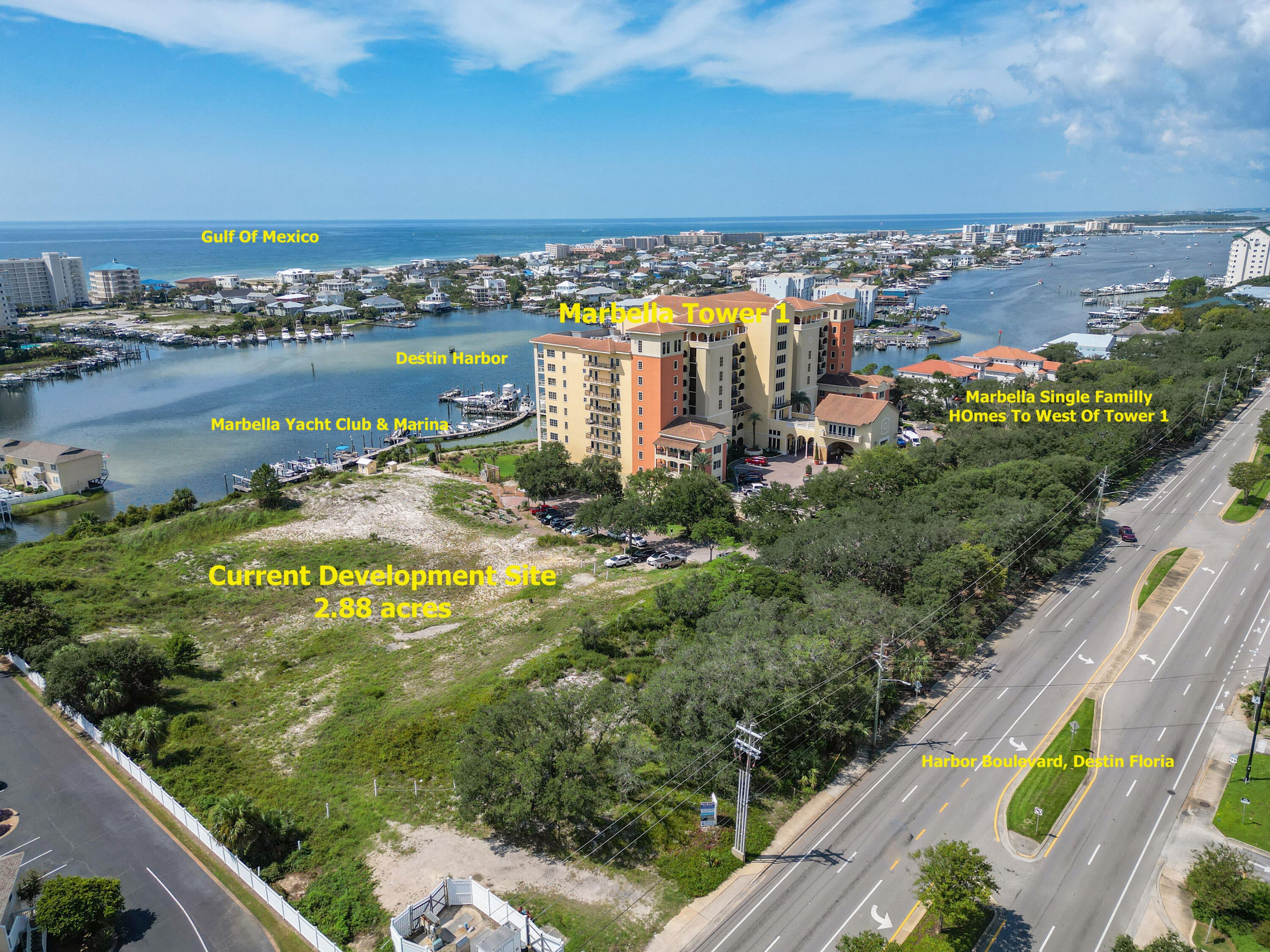 Property is zoned High Density Residential and is part of the Marbella Condominium Project. This parcel has a current Development Order for a second tower for 52 residential Condominiums. The development may possibly be amended for single family homes or townhomes. Infrastructure for sewer, water, underground infrastructure including Electric Conduit has been completed and a ''Certificate of Completion issued by City of Destin. This parcel has over 300' water frontage on the Destin Harbor. A Survey is available along with copies of the Marbella Master Condominium Project. Great property for future investment prospect or 1031 EXCG needs.  Listing Broker/Salesperson has ownership interest in the property.