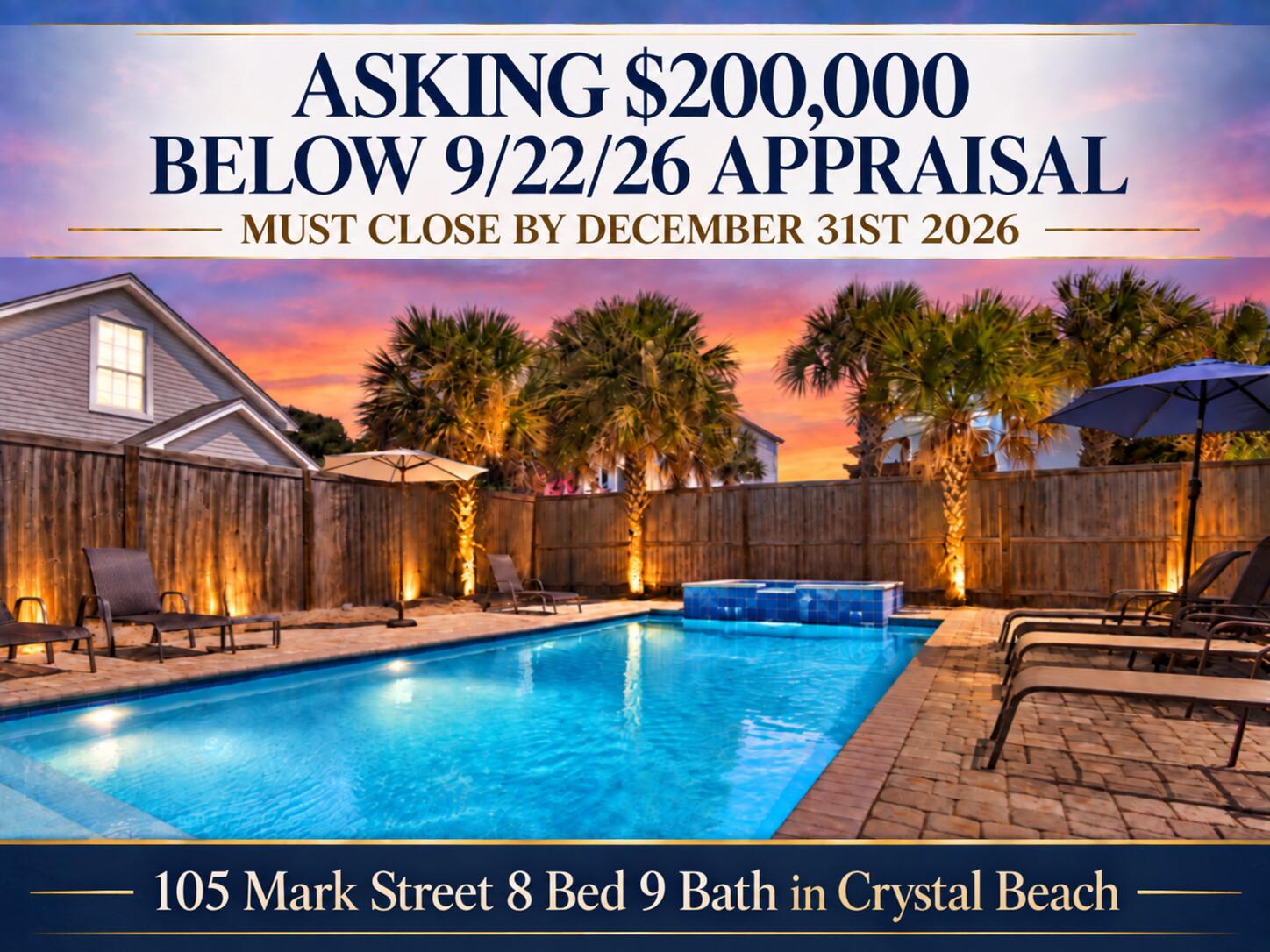 PRICED $200,000 BELOW APPRAISED VALUE WITH RENTAL PROJECTIONS UP TO $250,000 ANNUALLY! Welcome to 105 Mark Street, an 8-bedroom, 8.5-bath retreat in Destin's Crystal Beach neighborhood that combines coastal appeal with compelling investment potential. From sun-soaked days along the sugar-white shoreline to evenings spent reconnecting with friends and family, this home offers a setting for the beach vacations guests look forward to all year. Eight bedrooms and eight-and-a-half baths provide flexibility for large groups and multigenerational getaways, with room to gather, recharge, and make lasting memories under one roof. Whether you are expanding your vacation rental portfolio or seeking a personal coastal escape with income potential, this Crystal Beach property brings together substantial guest capacity, impressive rental projections, and an asking price $200,000 below appraised value.