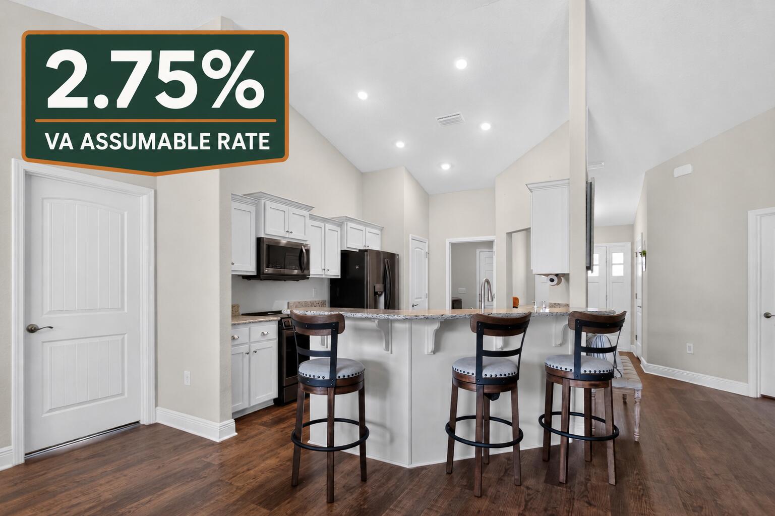 VA Assumable Loan at an Incredible 2.75% Interest Rate! Don't miss this exceptional opportunity to own this beautiful 4-bedroom, 2-bath Craftsman-style home offering approximately 1,920 square feet of thoughtfully designed living space. From the moment you arrive, you'll appreciate the attractive four-sided brick exterior, spacious front porch, two-car garage, and charming curb appeal. Step inside to discover an open and inviting floor plan featuring durable Coretec Pro-Plus flooring throughout the main living areas, with comfortable carpet in all bedrooms. The well-appointed kitchen is perfect for everyday living and entertaining, showcasing granite countertops, quality LG appliances, and ample workspace. The spacious living and dining areas flow seamlessly, creating a warm and welcoming atmosphere for family and guests alike. The private primary suite offers a beautiful tray ceiling, creating an elegant retreat. The en-suite bathroom features a double vanity, an oversized walk-in closet, and an extra-large linen closet, providing exceptional storage and convenience. The additional three bedrooms are generously sized, offering flexibility for family, guests, or a home office. Step outside and enjoy outdoor living at its finest with both a large front porch and an impressive 14' x 16' covered rear porch, perfect for relaxing, grilling, or entertaining year-round. The partially fenced backyard provides plenty of space for pets, play, or gardening. With its desirable features, quality finishes, and the rare opportunity to assume a 2.75% VA loan (subject to lender approval and buyer qualification), this home is one you won't want to miss. Schedule your private showing today!