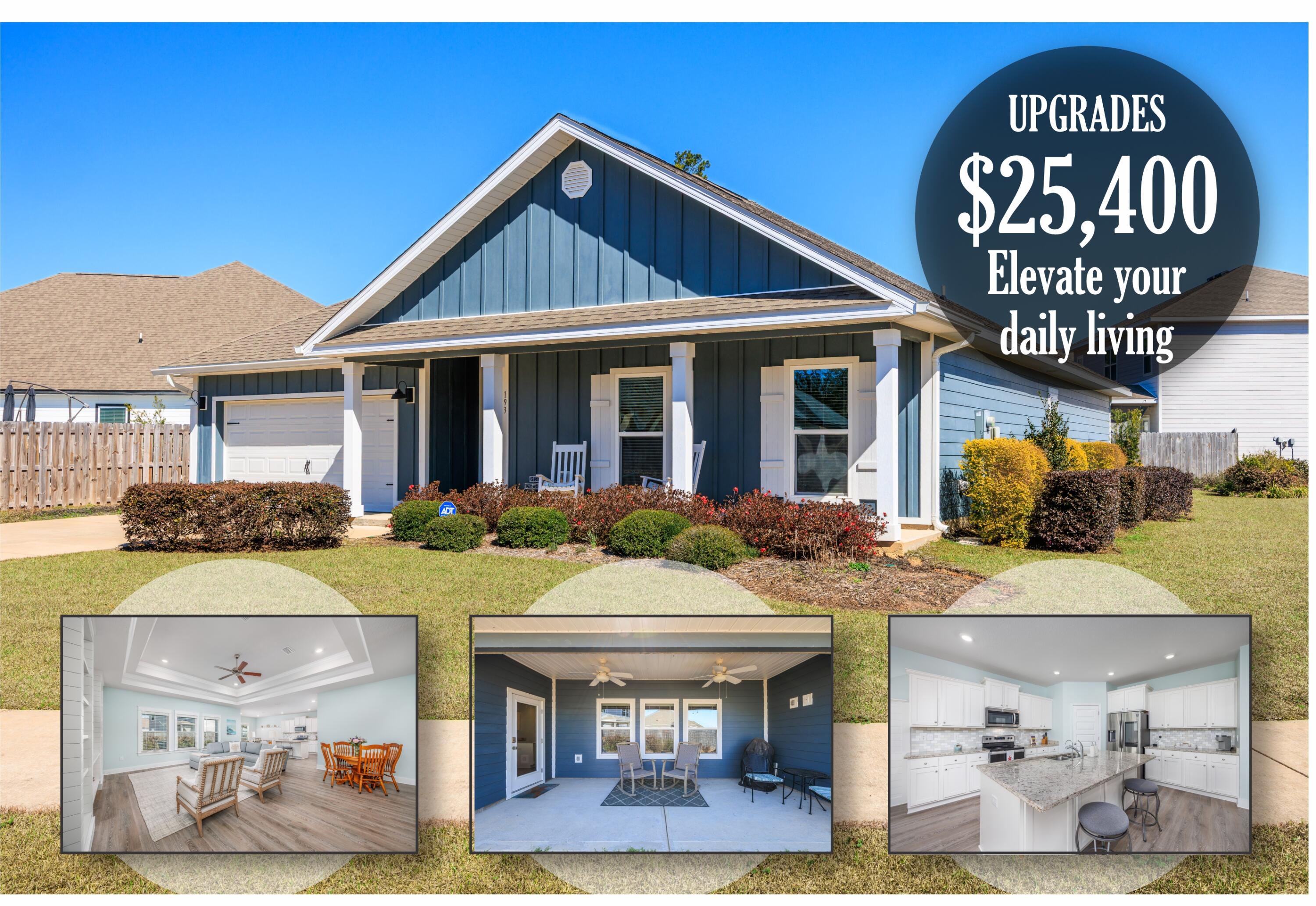 MAJOR PRICE IMPROVEMENT -- NOW AT $415,000! This is not your average new construction home. Built in 2022 in Ashton Park, this beautifully upgraded 4-bedroom, 2.5-bath home stands out from the start -- beginning with its oversized corner lot of approximately .28 acres, a rare find in many newer communities where outdoor space can feel limited.

And the upgrades? Already done for you.

While many buyers purchase a builder-grade home and immediately start planning projects and extra expenses, this home already features approximately $25,400 in thoughtful improvements, giving you the benefit of enhanced style, comfort, and function from day one.
If you're comparing homes in Freeport and want a property that delivers on space, upgrades, location, and lifestyle, schedule your private showing Step inside and you'll feel the difference right away. Custom woodwork frames the entry, while Craftsman-style trim and upgraded baseboards add character and depth throughout the living spaces. In the living room, a custom built-in entertainment center creates a stunning focal point beneath a dramatic double tray ceiling with crown molding -- a feature that adds both elegance and architectural impact rarely found in standard inventory homes.

Warm designer touches continue throughout, including shiplap accents in the dining area and garage drop zone, an upgraded kitchen backsplash, and fresh interior paint that gives the entire home a crisp, polished, move-in-ready feel.

The open-concept layout flows beautifully between the kitchen, dining, and living areas, making everyday living easy and entertaining even better. A split-bedroom floor plan offers privacy for the primary suite while still providing flexible space for guests, a home office, hobbies, or growing needs.

Outside, the spacious premium corner lot offers even more to love. Professionally landscaped side and backyard areas, partial privacy fencing, and already-installed gutters add both beauty and practicality -- and there is still room to create your dream outdoor retreat, including space for a future pool.

Even better, this home is located less than half a mile from the future Ronnie Brannon Sr. Memorial Park Complex, a state-of-the-art recreational destination planned to include pickleball courts, a dog park, playground, amphitheater, and multipurpose field -- adding exciting lifestyle value just moments from your doorstep.

Living in Freeport means enjoying a central Northwest Florida location with convenient access to the best of the region. Beaches along South Walton, including Santa Rosa Beach and 30A, are within easy reach, and major employment hubs such as Eglin Air Force Base, Hurlburt Field, the Army 7th Special Forces Group, Naval School Explosive Ordnance Disposal, and Tyndall Air Force Base are all within a practical commute. Northwest Florida Beaches International Airport, Pier Park, Grand Boulevard, Baytowne Wharf, Silver Sands Premium Outlets, Destin Commons, schools, Publix, and everyday conveniences are also easily accessible.

With HOA dues of just $60 per month, estimated homeowner's insurance of approximately $1,600 annually, and the low-maintenance benefits of 2022 construction, this home offers modern efficiency along with upgraded appeal.

At $415,000, this is far more than a base-level home. It is an opportunity to own a property where approximately $25,400 has already been invested in upgrades that elevate daily living and add long-term value -- without the time, hassle, or additional expense of doing it yourself after closing.