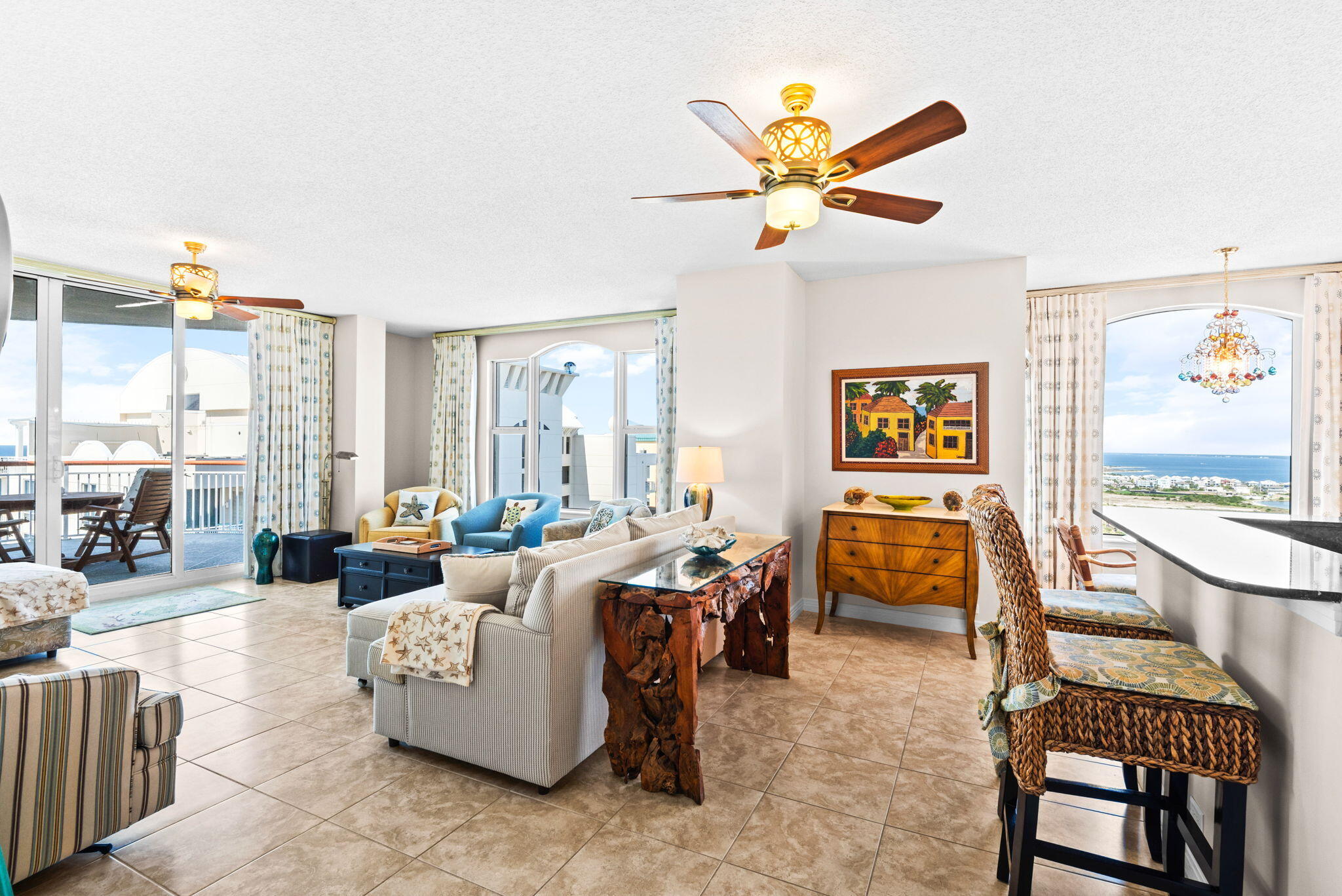 Simply the best, this stunning 19th-floor 3br/3ba penthouse, with only heaven above you, has panoramic west-facing views that capture breathtaking sunsets over the Gulf of America and Santa Rosa Sound. Sold fully furnished with custom-designed furniture and elegant custom drapes creates a warm, sophisticated sanctuary perfect for relaxing and entertaining. This sleek contemporary home features tile floors and fresh paint throughout, with granite countertops in the kitchen. A private storage room is conventiently located outside your front door. Amenities include covered parking, largest swimming pool on Navarre Beach, tennis/pickle ball courts, fitness room and social center with a full kitchen for parties and entertaining.