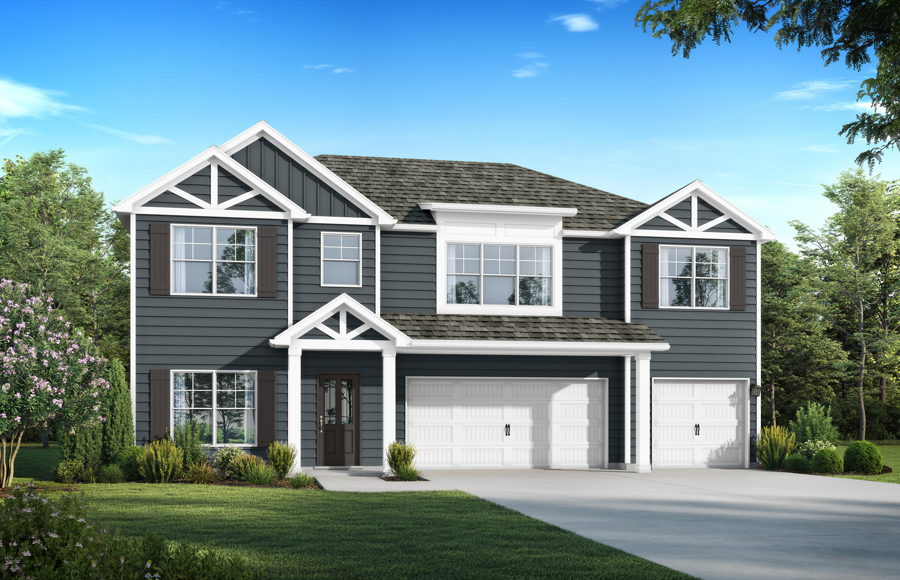 Welcome to the Ramsey with a coveted lake view! Gather around the quartz island in the kitchen to share appetizers & stories about your day. The dining room with its coffered ceiling opens conveniently to the kitchen & breakfast area which seamlessly flow into the family room. Step outside to the covered porch & put some food on the grill. Retreat upstairs to your primary suite with trey ceilings, dual vanities, & sitting area. Enjoy a soak in the tub in your spacious bathroom. A huge loft, 3 more generously sized bedrooms with trey ceilings & laundry room on this level. 1 bedroom & full bath on the first floor. Covered Porch & 3 car garage included! Enjoy the natural, spring-fed lake and resort-style pool coming soon to the Nest! You'll love all of the options and upgrades in this amazing home with fabulous backyard space!